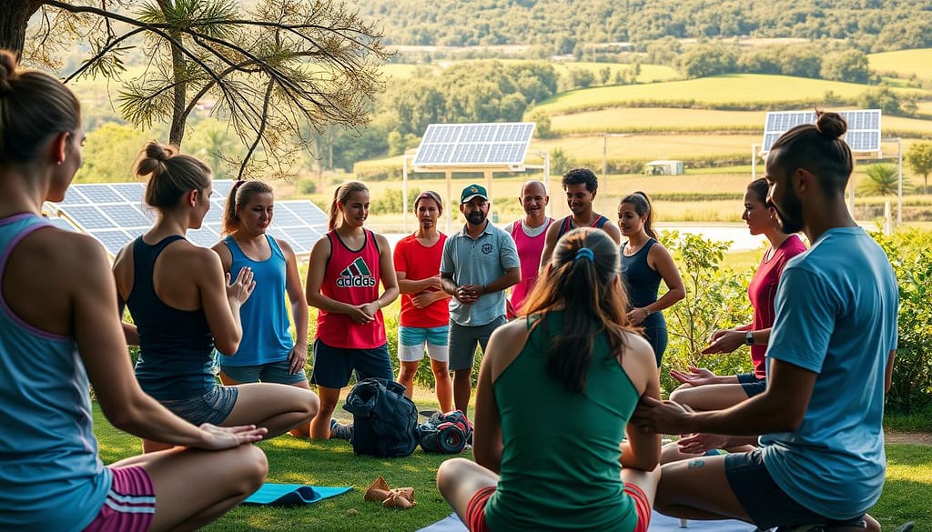 Collaborative sports clubs coming together in a vibrant, eco-friendly setting. In the foreground, athletes from different disciplines engaged in shared activities - a group yoga session, a recycling drive, or a shared equipment repair workshop. In the middle ground, club representatives discussing resource-sharing initiatives, with solar panels and green landscapes in the background. Warm, natural lighting casts a sense of community and sustainability. The scene conveys a spirit of teamwork, resource optimization, and environmental consciousness within the sports community. Collaborative sports clubs coming together in a vibrant, eco-friendly setting. In the foreground, athletes from different disciplines engaged in shared activities - a group yoga session, a recycling drive, or a shared equipment repair workshop. In the middle ground, club representatives discussing resource-sharing initiatives, with solar panels and green landscapes in the background. Warm, natural lighting casts a sense of community and sustainability. The scene conveys a spirit of teamwork, resource optimization, and environmental consciousness within the sports community.