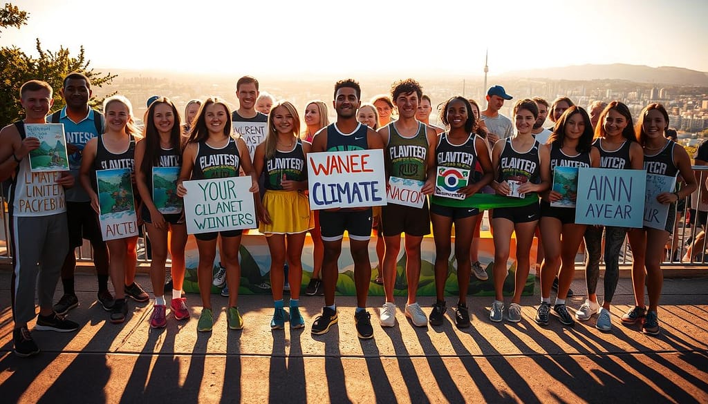 athlete community engagement climate advocacy - a powerful scene of diverse athletes uniting for a shared cause. In the foreground, a group of athletes of various ages and abilities stand together, their faces alight with determination as they hold colorful signs and banners promoting environmental action. The middle ground features a vibrant mural depicting natural landscapes, with the athletes' shadows cast upon it, symbolizing their active role in the movement. In the background, a cityscape fades into the distance, hinting at the broader impact of their advocacy work. Warm, golden lighting bathes the scene, creating an inspiring, hopeful atmosphere. Captured through a wide-angle lens, the composition emphasizes the collective strength and unity of this athlete community. athlete community engagement climate advocacy - a powerful scene of diverse athletes uniting for a shared cause. In the foreground, a group of athletes of various ages and abilities stand together, their faces alight with determination as they hold colorful signs and banners promoting environmental action. The middle ground features a vibrant mural depicting natural landscapes, with the athletes' shadows cast upon it, symbolizing their active role in the movement. In the background, a cityscape fades into the distance, hinting at the broader impact of their advocacy work. Warm, golden lighting bathes the scene, creating an inspiring, hopeful atmosphere. Captured through a wide-angle lens, the composition emphasizes the collective strength and unity of this athlete community.