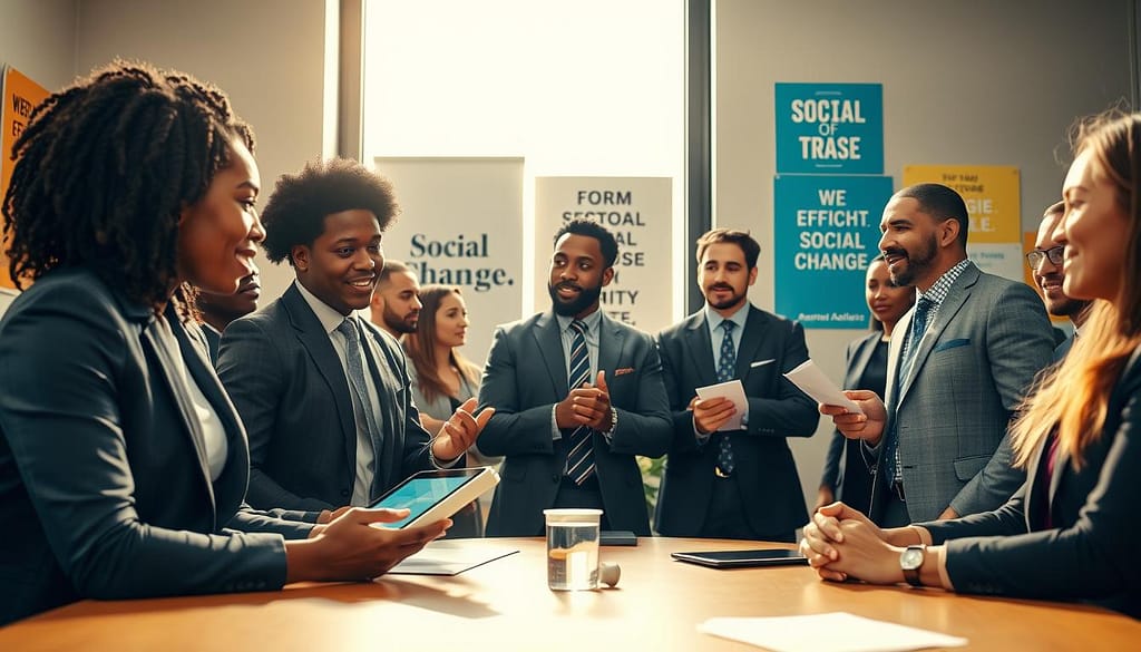 A dynamic scene depicting a diverse group of professional athletes in business attire engaging in a collaborative meeting with representatives from advocacy organizations. In the foreground, a Black female athlete passionately discusses strategies, holding a tablet showcasing data and visuals. Beside her, a Hispanic male athlete listens intently, taking notes. In the middle ground, a round conference table is surrounded by eager participants, representing various backgrounds, all focused and engaged. The background features a large window with bright, natural light streaming in, illuminating the space filled with motivational posters about social change. The atmosphere is vibrant and hopeful, emphasizing teamwork and the power of collaboration in effecting social impact. The lens captures the scene in a warm and inviting manner, highlighting both the athletes' passion and the seriousness of their mission. A dynamic scene depicting a diverse group of professional athletes in business attire engaging in a collaborative meeting with representatives from advocacy organizations. In the foreground, a Black female athlete passionately discusses strategies, holding a tablet showcasing data and visuals. Beside her, a Hispanic male athlete listens intently, taking notes. In the middle ground, a round conference table is surrounded by eager participants, representing various backgrounds, all focused and engaged. The background features a large window with bright, natural light streaming in, illuminating the space filled with motivational posters about social change. The atmosphere is vibrant and hopeful, emphasizing teamwork and the power of collaboration in effecting social impact. The lens captures the scene in a warm and inviting manner, highlighting both the athletes' passion and the seriousness of their mission.