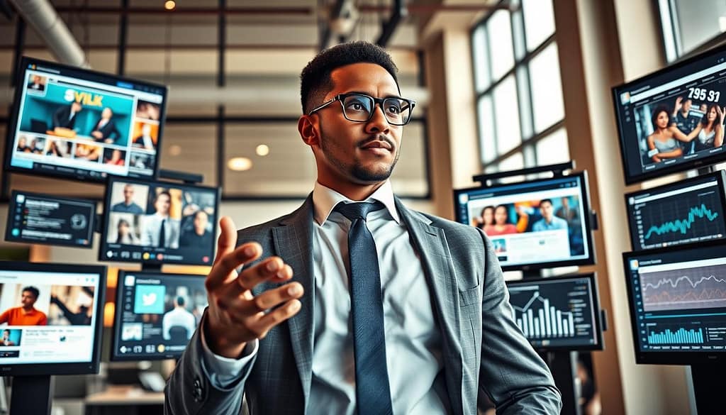 A modern athlete, dressed in professional business attire, is engaged with multiple digital screens showcasing various social media platforms. In the foreground, the athlete is actively gesturing towards the screens, which display vibrant graphics and user interactions like likes and comments. The middle ground includes sleek, futuristic technology with glowing interfaces and analytics charts that highlight strategy metrics. In the background, a contemporary office setting with large windows allows natural light to illuminate the scene, creating a warm yet focused atmosphere. The composition should be dynamic, emphasizing the athlete's role as a leader in digital engagement, with a motivational tone that reflects collaboration and innovation. The camera angle is slightly below eye level, giving the athlete an authoritative presence. A modern athlete, dressed in professional business attire, is engaged with multiple digital screens showcasing various social media platforms. In the foreground, the athlete is actively gesturing towards the screens, which display vibrant graphics and user interactions like likes and comments. The middle ground includes sleek, futuristic technology with glowing interfaces and analytics charts that highlight strategy metrics. In the background, a contemporary office setting with large windows allows natural light to illuminate the scene, creating a warm yet focused atmosphere. The composition should be dynamic, emphasizing the athlete's role as a leader in digital engagement, with a motivational tone that reflects collaboration and innovation. The camera angle is slightly below eye level, giving the athlete an authoritative presence.