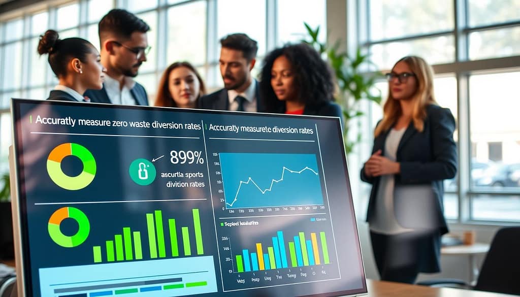 A modern, professional data dashboard displaying vibrant charts and graphs that accurately measure zero waste diversion rates. In the foreground, an interactive digital screen shows pie charts, bar graphs, and line charts, highlighting key statistics with bright colors like green and blue to signify sustainability. The middle ground features diverse professionals in business attire discussing the data, promoting a collaborative and innovative atmosphere. The background consists of an office environment with large windows, natural light pouring in, creating a bright and inviting space. The scene conveys a sense of urgency and positivity about advancing sustainability efforts in sports environments. The composition is well-balanced, with a clear focus on the data while showcasing teamwork and strategy. A modern, professional data dashboard displaying vibrant charts and graphs that accurately measure zero waste diversion rates. In the foreground, an interactive digital screen shows pie charts, bar graphs, and line charts, highlighting key statistics with bright colors like green and blue to signify sustainability. The middle ground features diverse professionals in business attire discussing the data, promoting a collaborative and innovative atmosphere. The background consists of an office environment with large windows, natural light pouring in, creating a bright and inviting space. The scene conveys a sense of urgency and positivity about advancing sustainability efforts in sports environments. The composition is well-balanced, with a clear focus on the data while showcasing teamwork and strategy.