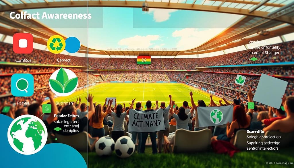 A vibrant infographic showcasing an awareness campaign for climate action during a football match. In the foreground, modern social media icons and colorful graphics feature elements like footballs intertwined with green leaves and earth motifs. In the middle, a large, stylized football pitch is depicted, with visuals of diverse fans wearing eco-friendly merchandise, holding banners emphasizing sustainability. The background displays a lively stadium filled with cheering crowds under bright, warm lighting, enhancing the festive atmosphere. A clear sky hints at a sunny day, inviting enthusiasm for the event. The overall mood conveys excitement and urgency, encouraging collective action for climate awareness while maintaining a professional and polished design. A vibrant infographic showcasing an awareness campaign for climate action during a football match. In the foreground, modern social media icons and colorful graphics feature elements like footballs intertwined with green leaves and earth motifs. In the middle, a large, stylized football pitch is depicted, with visuals of diverse fans wearing eco-friendly merchandise, holding banners emphasizing sustainability. The background displays a lively stadium filled with cheering crowds under bright, warm lighting, enhancing the festive atmosphere. A clear sky hints at a sunny day, inviting enthusiasm for the event. The overall mood conveys excitement and urgency, encouraging collective action for climate awareness while maintaining a professional and polished design.