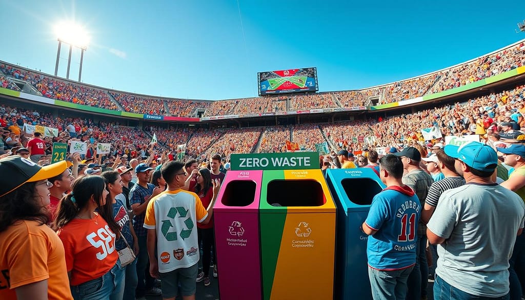 A vibrant stadium event showcasing fan education on zero waste practices. In the foreground, a diverse group of fans, dressed in casual team apparel, attentively gathers around a colorful, innovative zero waste bin design, which clearly separates recyclables and compostables. In the middle ground, educational signage displays engaging graphics and infographics that promote sustainability. Clusters of eco-friendly merchandise and interactive booths enhance the atmosphere. The background captures a lively stadium filled with cheering fans under bright stadium lights, with a clear blue sky peeking above. The scene is infused with excitement and a sense of community focused on environmental responsibility. Use a wide-angle lens to create depth, emphasizing the crowd's enthusiasm and the innovative bin design. The overall mood is energetic, inspiring, and hopeful. A vibrant stadium event showcasing fan education on zero waste practices. In the foreground, a diverse group of fans, dressed in casual team apparel, attentively gathers around a colorful, innovative zero waste bin design, which clearly separates recyclables and compostables. In the middle ground, educational signage displays engaging graphics and infographics that promote sustainability. Clusters of eco-friendly merchandise and interactive booths enhance the atmosphere. The background captures a lively stadium filled with cheering fans under bright stadium lights, with a clear blue sky peeking above. The scene is infused with excitement and a sense of community focused on environmental responsibility. Use a wide-angle lens to create depth, emphasizing the crowd's enthusiasm and the innovative bin design. The overall mood is energetic, inspiring, and hopeful.