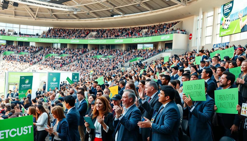 A vibrant stadium filled with enthusiastic fans participating in a climate action event, showcasing diverse individuals in professional business attire and casual clothing, actively engaging with various in-stadium activations. In the foreground, people are holding colorful banners and making pledges, while others are cheering and clapping. The middle ground features interactive booths displaying renewable energy solutions and carbon offset programs, with volunteers speaking to fans. The background captures a dynamic stadium atmosphere, with green-themed decorations and a large screen displaying sustainability messages. The image is illuminated by warm, natural lighting conveying a hopeful and energized mood, shot from a wide-angle perspective to encompass the buzz and excitement of the crowd. A vibrant stadium filled with enthusiastic fans participating in a climate action event, showcasing diverse individuals in professional business attire and casual clothing, actively engaging with various in-stadium activations. In the foreground, people are holding colorful banners and making pledges, while others are cheering and clapping. The middle ground features interactive booths displaying renewable energy solutions and carbon offset programs, with volunteers speaking to fans. The background captures a dynamic stadium atmosphere, with green-themed decorations and a large screen displaying sustainability messages. The image is illuminated by warm, natural lighting conveying a hopeful and energized mood, shot from a wide-angle perspective to encompass the buzz and excitement of the crowd.