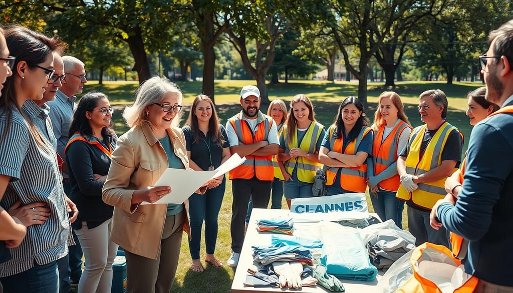 A diverse group of community volunteers in professional casual clothing gathered for a safety briefing before a community cleanup event. In the foreground, a middle-aged woman with a clipboard is passionately explaining safety protocols to the group, while a younger man points to a map showing the cleanup area. In the middle, a table displays cleanup supplies like gloves, trash bags, and safety vests. In the background, a sunny park setting with trees and grassy areas sets a vibrant atmosphere. The lighting is warm and natural, creating a cheerful and motivational mood. The angle captures the interaction between the volunteers, emphasizing teamwork and community spirit. A diverse group of community volunteers in professional casual clothing gathered for a safety briefing before a community cleanup event. In the foreground, a middle-aged woman with a clipboard is passionately explaining safety protocols to the group, while a younger man points to a map showing the cleanup area. In the middle, a table displays cleanup supplies like gloves, trash bags, and safety vests. In the background, a sunny park setting with trees and grassy areas sets a vibrant atmosphere. The lighting is warm and natural, creating a cheerful and motivational mood. The angle captures the interaction between the volunteers, emphasizing teamwork and community spirit.