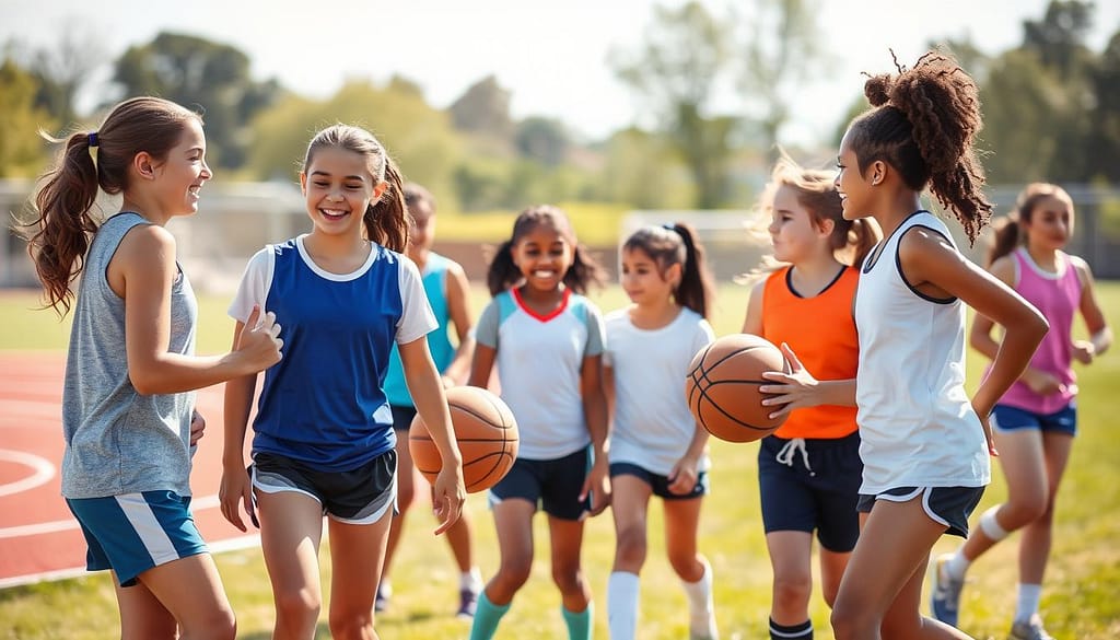 A group of diverse young girls, ages ranging from 10 to 16, engaged in various sports like soccer, basketball, and track, showcasing determination and teamwork. In the foreground, two girls are laughing and high-fiving each other in athletic gear, while another girl practices dribbling a basketball nearby. In the middle, teammates are encouraging one another, reflecting a supportive environment. The background features a bright, sunny park with a running track and a soccer field, capturing a sense of outdoor vitality. Soft, natural lighting enhances the image, and a shallow depth of field focuses on the girls while creating a blurred effect of the sports field behind them. The mood is uplifting, conveying hope and empowerment in the realm of girls’ sports. A group of diverse young girls, ages ranging from 10 to 16, engaged in various sports like soccer, basketball, and track, showcasing determination and teamwork. In the foreground, two girls are laughing and high-fiving each other in athletic gear, while another girl practices dribbling a basketball nearby. In the middle, teammates are encouraging one another, reflecting a supportive environment. The background features a bright, sunny park with a running track and a soccer field, capturing a sense of outdoor vitality. Soft, natural lighting enhances the image, and a shallow depth of field focuses on the girls while creating a blurred effect of the sports field behind them. The mood is uplifting, conveying hope and empowerment in the realm of girls’ sports.
