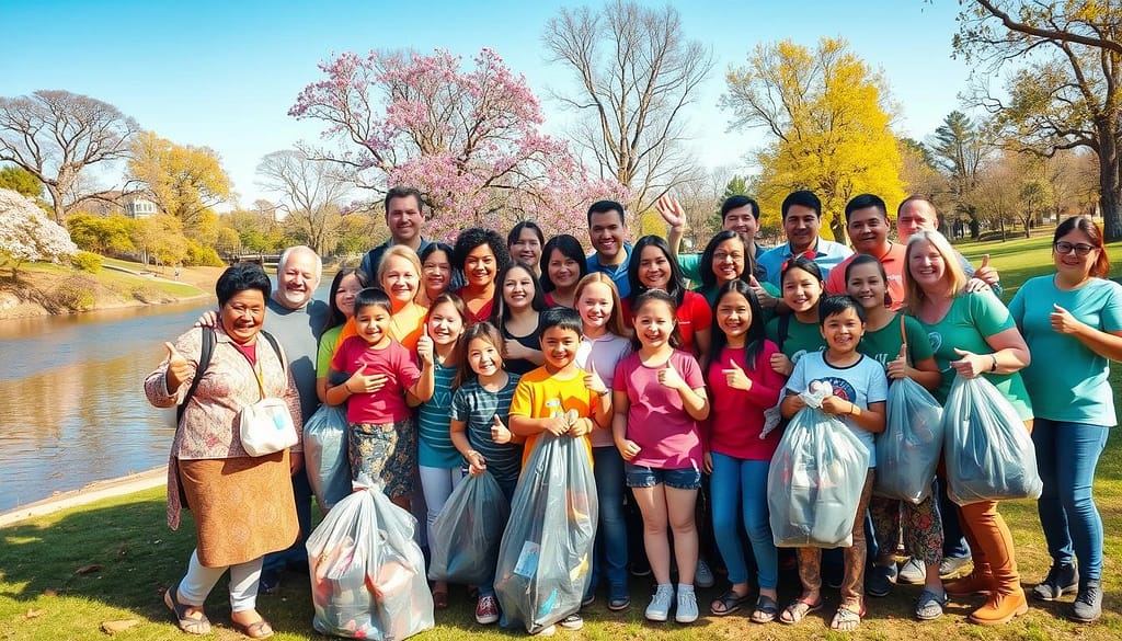 A joyful group of community volunteers stand together for a bright, celebratory photo after a successful parks and rivers cleanup event. In the foreground, a diverse mix of adults and children, clad in colorful, modest casual clothing, smile broadly, with some giving thumbs up and holding trash bags filled with collected waste. In the middle ground, a picturesque park with trees, blooming flowers, and a clear river, reflecting the blue sky creates a vibrant backdrop. The scene is bathed in warm, golden sunlight, adding to the upbeat atmosphere. A wide-angle lens captures the camaraderie and energy of the group, evoking a sense of achievement and community spirit. The image conveys happiness, pride, and a commitment to environmental stewardship. A joyful group of community volunteers stand together for a bright, celebratory photo after a successful parks and rivers cleanup event. In the foreground, a diverse mix of adults and children, clad in colorful, modest casual clothing, smile broadly, with some giving thumbs up and holding trash bags filled with collected waste. In the middle ground, a picturesque park with trees, blooming flowers, and a clear river, reflecting the blue sky creates a vibrant backdrop. The scene is bathed in warm, golden sunlight, adding to the upbeat atmosphere. A wide-angle lens captures the camaraderie and energy of the group, evoking a sense of achievement and community spirit. The image conveys happiness, pride, and a commitment to environmental stewardship.