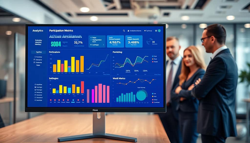 A modern, sleek data analytics dashboard displayed on a high-resolution monitor, showcasing vibrant graphs and charts illustrating participation metrics and satisfaction metrics for inclusion programs. In the foreground, the dashboard features colorful bar graphs, pie charts, and line graphs, meticulously laid out to convey data clearly. In the middle, there are blurred figures of professionals in business attire, engaged in discussion, their expressions reflecting interest and collaboration. The background is a contemporary office environment with soft, ambient lighting, allowing the dashboard to be the focal point. The atmosphere is one of innovation and teamwork, emphasizing the importance of measuring engagement and satisfaction in community programs. The entire scene is captured from a slight right angle, ensuring clarity and depth. A modern, sleek data analytics dashboard displayed on a high-resolution monitor, showcasing vibrant graphs and charts illustrating participation metrics and satisfaction metrics for inclusion programs. In the foreground, the dashboard features colorful bar graphs, pie charts, and line graphs, meticulously laid out to convey data clearly. In the middle, there are blurred figures of professionals in business attire, engaged in discussion, their expressions reflecting interest and collaboration. The background is a contemporary office environment with soft, ambient lighting, allowing the dashboard to be the focal point. The atmosphere is one of innovation and teamwork, emphasizing the importance of measuring engagement and satisfaction in community programs. The entire scene is captured from a slight right angle, ensuring clarity and depth.