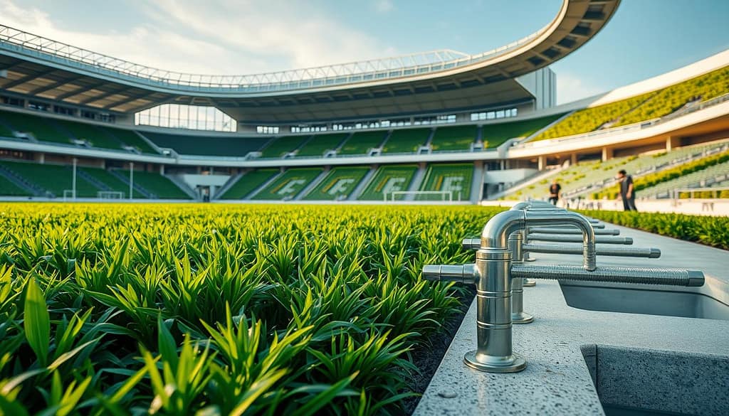 A modern stadium design showcasing innovative water reuse systems, prominently featuring eco-friendly irrigation techniques. In the foreground, lush green turf thrives due to advanced water recycling infrastructure. The middle ground displays sleek fixtures and smart irrigation systems integrated into the stadium's aesthetics, emphasizing sustainability. The background reveals a futuristic stadium architecture with solar panels and rainwater collection systems. The scene is illuminated by soft, natural lighting, casting a warm glow on the green spaces. The angle captures a wide view of the stadium, highlighting its harmony with nature and technology. The atmosphere is lively yet serene, reflecting a commitment to sustainable practices in urban sports venues. A modern stadium design showcasing innovative water reuse systems, prominently featuring eco-friendly irrigation techniques. In the foreground, lush green turf thrives due to advanced water recycling infrastructure. The middle ground displays sleek fixtures and smart irrigation systems integrated into the stadium's aesthetics, emphasizing sustainability. The background reveals a futuristic stadium architecture with solar panels and rainwater collection systems. The scene is illuminated by soft, natural lighting, casting a warm glow on the green spaces. The angle captures a wide view of the stadium, highlighting its harmony with nature and technology. The atmosphere is lively yet serene, reflecting a commitment to sustainable practices in urban sports venues.