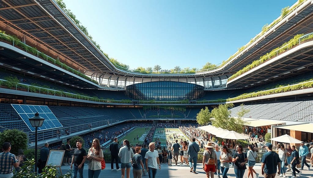 A modern, sustainable stadium nestled within a vibrant urban environment, showcasing innovative green infrastructure. In the foreground, eco-friendly features like solar panels and lush green roofs adorn the stadium, while families and friends in casual clothing engage with interactive educational displays about sustainability. The middle ground reveals a bustling concourse filled with enthusiastic fans exploring local food options and enjoying renewable energy-powered activities. In the background, a bright blue sky highlights the stadium's sleek design, incorporating large glass facades and greenery. Soft, natural lighting enhances the inviting atmosphere, while a wide-angle perspective captures the scale and community spirit of this forward-thinking venue, symbolizing a harmonious blend of fan engagement and environmental responsibility. A modern, sustainable stadium nestled within a vibrant urban environment, showcasing innovative green infrastructure. In the foreground, eco-friendly features like solar panels and lush green roofs adorn the stadium, while families and friends in casual clothing engage with interactive educational displays about sustainability. The middle ground reveals a bustling concourse filled with enthusiastic fans exploring local food options and enjoying renewable energy-powered activities. In the background, a bright blue sky highlights the stadium's sleek design, incorporating large glass facades and greenery. Soft, natural lighting enhances the inviting atmosphere, while a wide-angle perspective captures the scale and community spirit of this forward-thinking venue, symbolizing a harmonious blend of fan engagement and environmental responsibility.