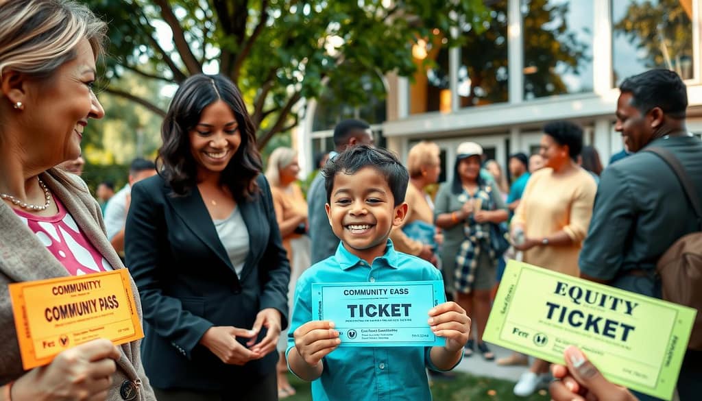 A vibrant community gathering scene in a park, showcasing diverse individuals holding colorful tickets labeled "Community Pass" and "Equity Ticket." In the foreground, a smiling woman in professional business attire engages with a child excitedly holding a ticket, both surrounded by lush greenery. In the middle ground, groups of people of various ages and ethnicities are exchanging stories and experiences, all enjoying a festive atmosphere. The background features a welcoming community center with large windows, sunlight streaming in, creating a warm and inviting glow. The angle captures the joy and inclusivity of the moment, filled with hope and connection. The overall mood is uplifting and inspiring, celebrating the importance of accessibility in community events. A vibrant community gathering scene in a park, showcasing diverse individuals holding colorful tickets labeled "Community Pass" and "Equity Ticket." In the foreground, a smiling woman in professional business attire engages with a child excitedly holding a ticket, both surrounded by lush greenery. In the middle ground, groups of people of various ages and ethnicities are exchanging stories and experiences, all enjoying a festive atmosphere. The background features a welcoming community center with large windows, sunlight streaming in, creating a warm and inviting glow. The angle captures the joy and inclusivity of the moment, filled with hope and connection. The overall mood is uplifting and inspiring, celebrating the importance of accessibility in community events.