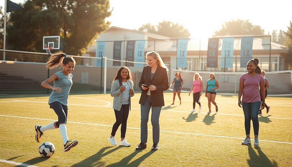 A vibrant community sports field bathed in warm sunlight, showcasing a diverse group of women and girls from different ethnic backgrounds engaging in various sports activities. In the foreground, a young girl in athletic wear is joyfully kicking a soccer ball, while beside her, a woman in professional attire discusses safe facility designs with a coach. The middle ground features a basketball hoop and a volleyball net, symbolizing inclusivity in sport. In the background, a structured yet inviting sports complex with banners representing Title IX compliance subtly integrated into the design. The overall atmosphere conveys empowerment, collaboration, and a sense of security. Soft, natural lighting enhances the scene, focusing on the joyful expressions and active participation of the individuals. The image captures the essence of creating safe, inclusive environments through policy and thoughtful design. A vibrant community sports field bathed in warm sunlight, showcasing a diverse group of women and girls from different ethnic backgrounds engaging in various sports activities. In the foreground, a young girl in athletic wear is joyfully kicking a soccer ball, while beside her, a woman in professional attire discusses safe facility designs with a coach. The middle ground features a basketball hoop and a volleyball net, symbolizing inclusivity in sport. In the background, a structured yet inviting sports complex with banners representing Title IX compliance subtly integrated into the design. The overall atmosphere conveys empowerment, collaboration, and a sense of security. Soft, natural lighting enhances the scene, focusing on the joyful expressions and active participation of the individuals. The image captures the essence of creating safe, inclusive environments through policy and thoughtful design.
