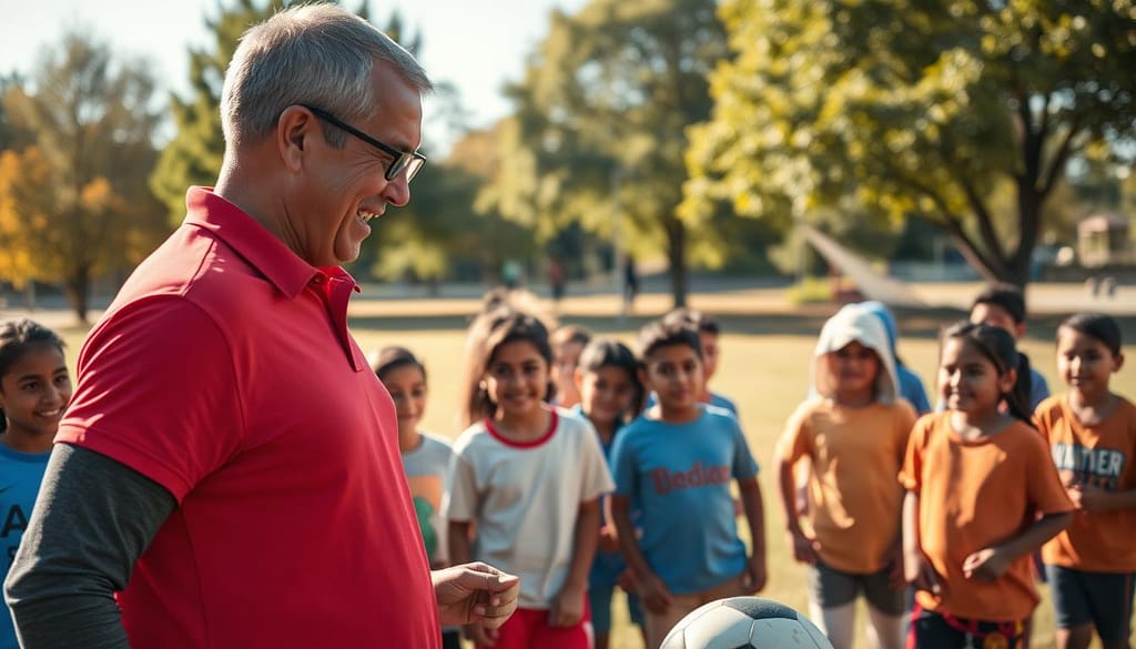 A diverse group of passionate coaches and young refugees engaged in an energetic outdoor sports session. In the foreground, a tall, middle-aged coach, wearing a bright red polo shirt, demonstrates a soccer drill to a group of children, their expressions filled with joy and determination. The middle ground shows kids of various backgrounds, some practicing dribbling while others listen intently, wearing colorful sports attire. The background features a sunlit park with trees and a clear blue sky, creating an uplifting atmosphere. Soft, golden sunlight enhances the scene, casting gentle shadows. The overall mood conveys hope, resilience, and a sense of community, reflecting the transformative power of sport in healing and inclusion. A diverse group of passionate coaches and young refugees engaged in an energetic outdoor sports session. In the foreground, a tall, middle-aged coach, wearing a bright red polo shirt, demonstrates a soccer drill to a group of children, their expressions filled with joy and determination. The middle ground shows kids of various backgrounds, some practicing dribbling while others listen intently, wearing colorful sports attire. The background features a sunlit park with trees and a clear blue sky, creating an uplifting atmosphere. Soft, golden sunlight enhances the scene, casting gentle shadows. The overall mood conveys hope, resilience, and a sense of community, reflecting the transformative power of sport in healing and inclusion.
