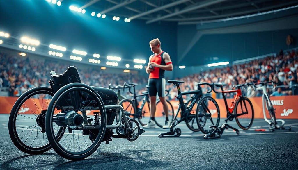 A futuristic scene showcasing high-tech adaptive equipment for Paralympic sports. In the foreground, an innovative wheelchair designed for racing, with sleek lines and advanced suspension, gleams under bright stadium lights. In the middle ground, a variety of adaptive sports equipment like specialized hand cycles and prosthetics are displayed, emphasizing their ergonomic designs and cutting-edge materials. In the background, an empowered athlete in professional athletic wear examines the gear, showcasing determination and focus. The atmosphere is vibrant and inspiring, filled with energy and excitement, accentuated by a slightly blurred audience cheering in the background. Soft shadows create depth, and the perspective captures a dynamic angle that highlights the equipment's innovation while fostering a sense of community and support. A futuristic scene showcasing high-tech adaptive equipment for Paralympic sports. In the foreground, an innovative wheelchair designed for racing, with sleek lines and advanced suspension, gleams under bright stadium lights. In the middle ground, a variety of adaptive sports equipment like specialized hand cycles and prosthetics are displayed, emphasizing their ergonomic designs and cutting-edge materials. In the background, an empowered athlete in professional athletic wear examines the gear, showcasing determination and focus. The atmosphere is vibrant and inspiring, filled with energy and excitement, accentuated by a slightly blurred audience cheering in the background. Soft shadows create depth, and the perspective captures a dynamic angle that highlights the equipment's innovation while fostering a sense of community and support.