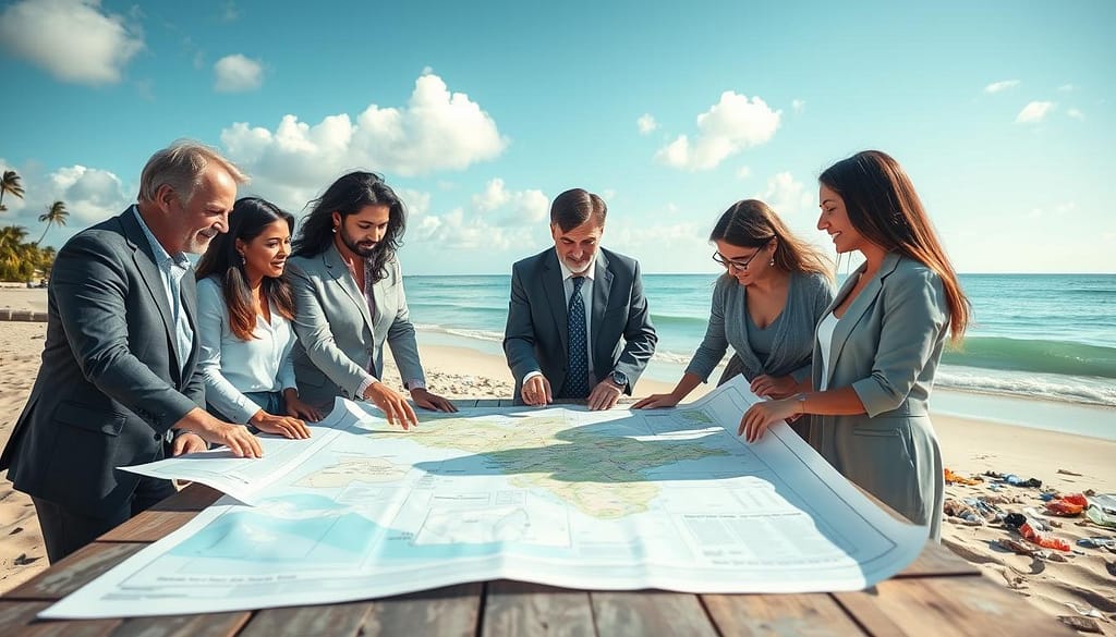 A scenic beach setting with a group of diverse individuals in professional business attire, gathered around a large map spread on a picnic table. In the foreground, they are engaged in a focused discussion, pointing at marked locations for strategic beach cleanup. The middle ground features a pristine beach with gentle waves lapping at the shore and scattered pieces of ocean plastic. In the background, a clear blue sky with soft white clouds, along with distant palm trees. The sunlight casts a warm, inviting glow, highlighting the ocean’s beauty and the importance of the cleanup effort. Capture the mood of collaboration and determination, emphasizing the significance of planning in environmental initiatives. Use a wide-angle lens to include the surroundings while keeping the focus on the planning activity. A scenic beach setting with a group of diverse individuals in professional business attire, gathered around a large map spread on a picnic table. In the foreground, they are engaged in a focused discussion, pointing at marked locations for strategic beach cleanup. The middle ground features a pristine beach with gentle waves lapping at the shore and scattered pieces of ocean plastic. In the background, a clear blue sky with soft white clouds, along with distant palm trees. The sunlight casts a warm, inviting glow, highlighting the ocean’s beauty and the importance of the cleanup effort. Capture the mood of collaboration and determination, emphasizing the significance of planning in environmental initiatives. Use a wide-angle lens to include the surroundings while keeping the focus on the planning activity.