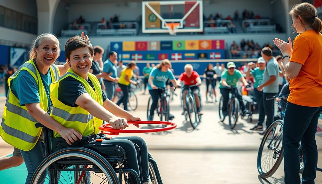 A vibrant adaptive sports inclusion day event, showcasing a diverse group of volunteers assisting individuals with disabilities in various adaptive sports activities. In the foreground, a smiling volunteer in a bright safety vest helps a young athlete maneuver a wheelchair basketball hoop, demonstrating hands-on teamwork and support. The middle ground features a lively scene of participants engaged in different sports, including adaptive cycling and seated volleyball, with volunteers actively guiding and encouraging them. In the background, colorful banners mark the event's inclusive spirit, and spectators cheer from a distance. The lighting is bright and natural, evoking a warm, inviting atmosphere, with a focus on the camaraderie and accessibility standards being promoted. Capture this scene from a slightly elevated angle to enhance the feeling of community. A vibrant adaptive sports inclusion day event, showcasing a diverse group of volunteers assisting individuals with disabilities in various adaptive sports activities. In the foreground, a smiling volunteer in a bright safety vest helps a young athlete maneuver a wheelchair basketball hoop, demonstrating hands-on teamwork and support. The middle ground features a lively scene of participants engaged in different sports, including adaptive cycling and seated volleyball, with volunteers actively guiding and encouraging them. In the background, colorful banners mark the event's inclusive spirit, and spectators cheer from a distance. The lighting is bright and natural, evoking a warm, inviting atmosphere, with a focus on the camaraderie and accessibility standards being promoted. Capture this scene from a slightly elevated angle to enhance the feeling of community.