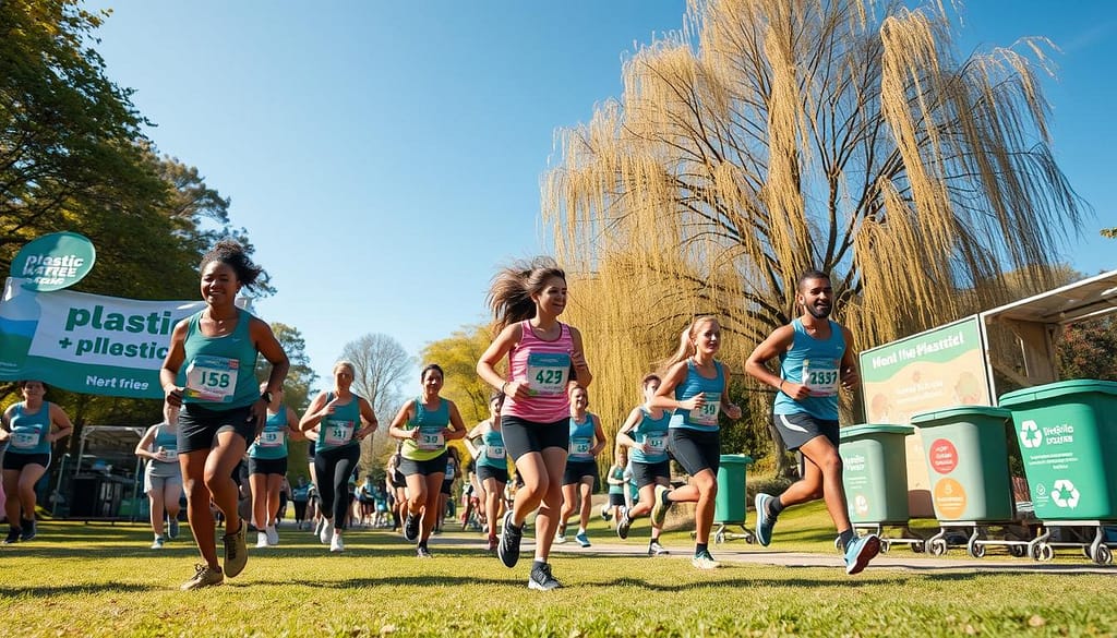 A vibrant outdoor scene showcasing a plastic-free awareness run. In the foreground, a diverse group of runners in professional athletic gear participates energetically, some holding banners promoting eco-friendly practices. The middle ground features a lush park setting, with environmentally-themed decorations like reusable water stations and recycling bins. In the background, sunlit trees sway gently, while a clear blue sky adds to the uplifting atmosphere. The image captures a dynamic angle, highlighting both runners and the array of sustainability initiatives around them. Soft, natural lighting enhances the hopeful mood, emphasizing a community spirit focused on tackling ocean plastic. Overall, the scene reflects commitment to a cleaner, more sustainable future through active participation in the race. A vibrant outdoor scene showcasing a plastic-free awareness run. In the foreground, a diverse group of runners in professional athletic gear participates energetically, some holding banners promoting eco-friendly practices. The middle ground features a lush park setting, with environmentally-themed decorations like reusable water stations and recycling bins. In the background, sunlit trees sway gently, while a clear blue sky adds to the uplifting atmosphere. The image captures a dynamic angle, highlighting both runners and the array of sustainability initiatives around them. Soft, natural lighting enhances the hopeful mood, emphasizing a community spirit focused on tackling ocean plastic. Overall, the scene reflects commitment to a cleaner, more sustainable future through active participation in the race.
