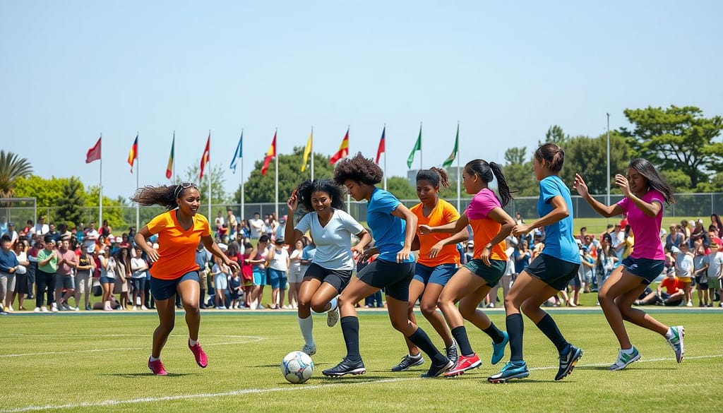 A vibrant scene of a multicultural mixed-gender sports team engaged in an uplifting soccer match on a bright, sunny day. In the foreground, players of various ethnic backgrounds, all dressed in professional athletic attire, are navigating the ball with enthusiasm and teamwork. Their faces show determination and joy, embodying unity and mutual respect. In the middle ground, a diverse crowd of spectators, including families and friends, cheer from a well-maintained field surrounded by a green park. The background features colorful flags symbolizing different cultures, fluttering gently in the breeze, under a clear blue sky. Soft, natural lighting enhances the liveliness of the scene, creating an inspiring atmosphere of collaboration and inclusion. A vibrant scene of a multicultural mixed-gender sports team engaged in an uplifting soccer match on a bright, sunny day. In the foreground, players of various ethnic backgrounds, all dressed in professional athletic attire, are navigating the ball with enthusiasm and teamwork. Their faces show determination and joy, embodying unity and mutual respect. In the middle ground, a diverse crowd of spectators, including families and friends, cheer from a well-maintained field surrounded by a green park. The background features colorful flags symbolizing different cultures, fluttering gently in the breeze, under a clear blue sky. Soft, natural lighting enhances the liveliness of the scene, creating an inspiring atmosphere of collaboration and inclusion.
