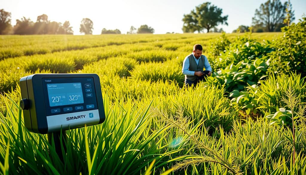 A bright, sunny day in a sprawling green landscape showcasing smart irrigation systems and diverse turf options. In the foreground, a sleek, modern irrigation controller with digital displays is surrounded by well-maintained grass varieties, including Bermuda and fescue. The middle ground features a landscape technician in professional attire, adjusting the irrigation settings, emphasizing a hands-on approach to water conservation. Lush greenery and vibrant turf cascade into the background, where native plants and trees thrive, illustrating a sustainable ecosystem. The lighting is warm and inviting, with soft shadows cast by sunlight filtering through the leaves. The overall mood is one of innovation and environmental stewardship, promoting smart irrigation practices in turf management. A bright, sunny day in a sprawling green landscape showcasing smart irrigation systems and diverse turf options. In the foreground, a sleek, modern irrigation controller with digital displays is surrounded by well-maintained grass varieties, including Bermuda and fescue. The middle ground features a landscape technician in professional attire, adjusting the irrigation settings, emphasizing a hands-on approach to water conservation. Lush greenery and vibrant turf cascade into the background, where native plants and trees thrive, illustrating a sustainable ecosystem. The lighting is warm and inviting, with soft shadows cast by sunlight filtering through the leaves. The overall mood is one of innovation and environmental stewardship, promoting smart irrigation practices in turf management.