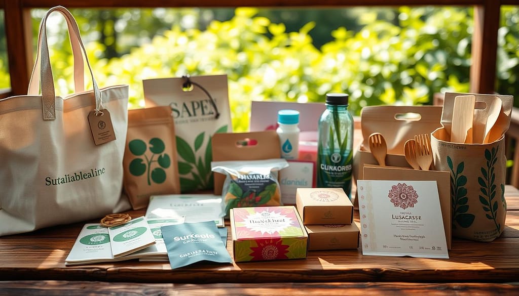A collection of sustainable merchandise materials and eco-friendly packaging displayed on a rustic wooden table. In the foreground, there are biodegradable tote bags made from organic cotton and recycled paper tags. The middle ground features vibrant, plant-based inks used on various promotional items like reusable water bottles and bamboo utensils. In the background, a soft-focus view of greenery suggests an outdoor setting, enhancing the theme of environmental consciousness. Bright, natural lighting filters through, casting gentle shadows and creating a warm, inviting atmosphere. The angle is slightly above eye level, providing a comprehensive view of the materials while maintaining an engaging perspective. The overall mood is fresh, optimistic, and aligned with the ethos of sustainability. A collection of sustainable merchandise materials and eco-friendly packaging displayed on a rustic wooden table. In the foreground, there are biodegradable tote bags made from organic cotton and recycled paper tags. The middle ground features vibrant, plant-based inks used on various promotional items like reusable water bottles and bamboo utensils. In the background, a soft-focus view of greenery suggests an outdoor setting, enhancing the theme of environmental consciousness. Bright, natural lighting filters through, casting gentle shadows and creating a warm, inviting atmosphere. The angle is slightly above eye level, providing a comprehensive view of the materials while maintaining an engaging perspective. The overall mood is fresh, optimistic, and aligned with the ethos of sustainability.