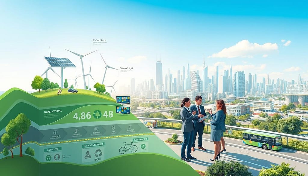 A detailed and engaging carbon neutral reduction roadmap illustration. In the foreground, a layered infographic showing key components: energy efficiency efforts (solar panels, wind turbines), sustainable travel options (electric vehicles, bicycles), and waste management strategies (recycling bins, composting). In the middle ground, a diverse group of professionals in business attire discussing the roadmap, with charts and graphs displayed on digital screens. In the background, a vibrant city skyline with green spaces and clean transportation options, under a clear blue sky. Use soft, natural lighting to create an optimistic and forward-thinking atmosphere, with a wide-angle perspective to capture the comprehensive view of the roadmap. Focus on a harmonious blend of innovation and sustainability themes. A detailed and engaging carbon neutral reduction roadmap illustration. In the foreground, a layered infographic showing key components: energy efficiency efforts (solar panels, wind turbines), sustainable travel options (electric vehicles, bicycles), and waste management strategies (recycling bins, composting). In the middle ground, a diverse group of professionals in business attire discussing the roadmap, with charts and graphs displayed on digital screens. In the background, a vibrant city skyline with green spaces and clean transportation options, under a clear blue sky. Use soft, natural lighting to create an optimistic and forward-thinking atmosphere, with a wide-angle perspective to capture the comprehensive view of the roadmap. Focus on a harmonious blend of innovation and sustainability themes.