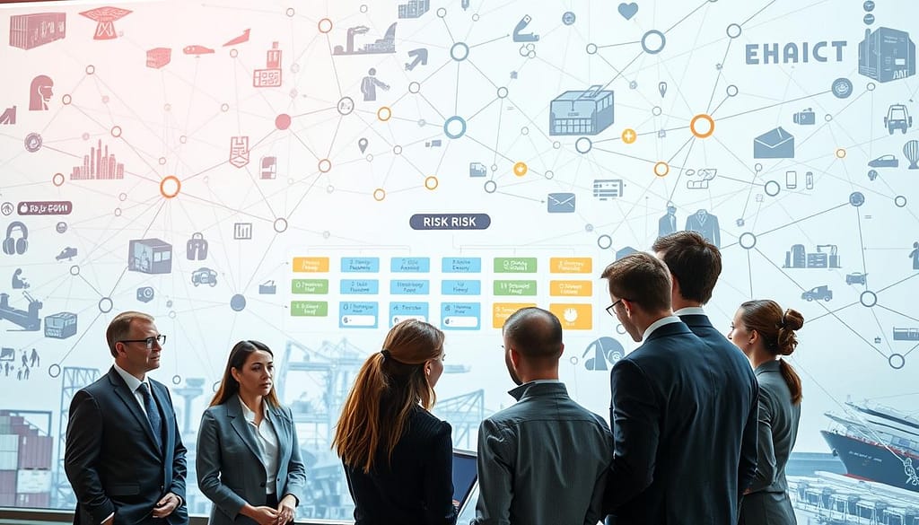 A detailed supply chain risk mapping visualization, featuring a large, intricate network of interconnected nodes and pathways that symbolize various apparel and souvenir suppliers. In the foreground, a professional team of diverse individuals in business attire is gathered around a high-tech touchscreen display, analyzing the risk factors with focused expressions. The middle ground highlights a flowchart with color-coded risk indicators, showcasing potential vulnerabilities. In the background, soft-focus images of factories, warehouses, and shipping routes illustrate the broader supply chain context. The lighting is bright and clear, emphasizing a sense of urgency and professionalism, with a slightly elevated angle to capture the teamwork dynamics. The atmosphere conveys diligence and strategic planning, embodying the complexities of managing ethical merchandise campaigns. A detailed supply chain risk mapping visualization, featuring a large, intricate network of interconnected nodes and pathways that symbolize various apparel and souvenir suppliers. In the foreground, a professional team of diverse individuals in business attire is gathered around a high-tech touchscreen display, analyzing the risk factors with focused expressions. The middle ground highlights a flowchart with color-coded risk indicators, showcasing potential vulnerabilities. In the background, soft-focus images of factories, warehouses, and shipping routes illustrate the broader supply chain context. The lighting is bright and clear, emphasizing a sense of urgency and professionalism, with a slightly elevated angle to capture the teamwork dynamics. The atmosphere conveys diligence and strategic planning, embodying the complexities of managing ethical merchandise campaigns.