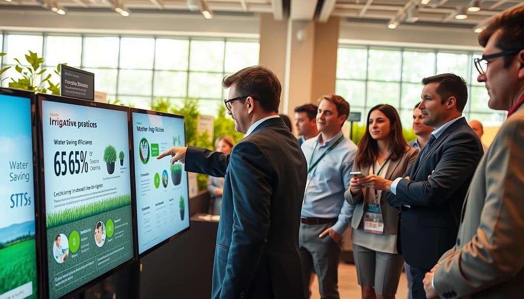 A modern irrigation tech fan engagement display set in an educational environment. In the foreground, focus on sleek digital screens showcasing interactive water-saving stats and animated graphics demonstrating irrigation efficiency. A diverse group of adults in professional business attire engage with the technology, pointing and discussing with interest. In the middle ground, a well-lit exhibition space filled with green plants symbolizing sustainable agriculture, intermixed with informational panels about water-smart practices. The background features large windows letting in natural light, creating an inviting and knowledgeable atmosphere. The mood is energetic and curious, emphasizing the importance of educating fans about water conservation. Capture the scene with a slightly angled perspective to enhance depth and engagement. Use soft, warm lighting to evoke a welcoming environment. A modern irrigation tech fan engagement display set in an educational environment. In the foreground, focus on sleek digital screens showcasing interactive water-saving stats and animated graphics demonstrating irrigation efficiency. A diverse group of adults in professional business attire engage with the technology, pointing and discussing with interest. In the middle ground, a well-lit exhibition space filled with green plants symbolizing sustainable agriculture, intermixed with informational panels about water-smart practices. The background features large windows letting in natural light, creating an inviting and knowledgeable atmosphere. The mood is energetic and curious, emphasizing the importance of educating fans about water conservation. Capture the scene with a slightly angled perspective to enhance depth and engagement. Use soft, warm lighting to evoke a welcoming environment.