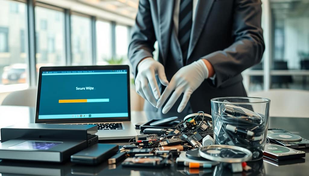 A modern workspace featuring a secure data wipe kit for electronic devices, prominently displayed in the foreground. The kit includes sleek electronic tools, a laptop screen showing a progress bar of data deletion, and various electronics like hard drives and USBs being safely disposed of in an organized manner. In the middle, there are hands wearing white gloves, methodically working with the equipment, dressed in professional business attire. The background is an office environment with soft natural lighting filtering through large windows, creating a clean and focused atmosphere. The overall mood conveys a sense of professionalism and security in data handling, emphasizing the importance of environmentally responsible tech recycling. A modern workspace featuring a secure data wipe kit for electronic devices, prominently displayed in the foreground. The kit includes sleek electronic tools, a laptop screen showing a progress bar of data deletion, and various electronics like hard drives and USBs being safely disposed of in an organized manner. In the middle, there are hands wearing white gloves, methodically working with the equipment, dressed in professional business attire. The background is an office environment with soft natural lighting filtering through large windows, creating a clean and focused atmosphere. The overall mood conveys a sense of professionalism and security in data handling, emphasizing the importance of environmentally responsible tech recycling.