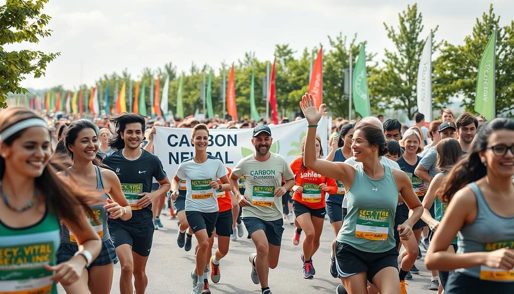 A vibrant and engaging scene at a carbon-neutral marathon event, focusing on the interaction between enthusiastic runners and supportive sponsors. In the foreground, a diverse group of runners in casual, eco-friendly sportswear smiles and high-fives each other, displaying camaraderie and excitement. In the middle ground, sponsor representatives in professional attire hold banners promoting sustainability and eco-initiatives. The background features a cheering crowd, colorful flags, and green trees symbolizing a clean environment. The atmosphere is lively and motivated, with soft, natural lighting illuminating the participants. The angle is slightly elevated, capturing both the runners in action and the supportive crowd, conveying a sense of unity and purpose toward environmental responsibility. A vibrant and engaging scene at a carbon-neutral marathon event, focusing on the interaction between enthusiastic runners and supportive sponsors. In the foreground, a diverse group of runners in casual, eco-friendly sportswear smiles and high-fives each other, displaying camaraderie and excitement. In the middle ground, sponsor representatives in professional attire hold banners promoting sustainability and eco-initiatives. The background features a cheering crowd, colorful flags, and green trees symbolizing a clean environment. The atmosphere is lively and motivated, with soft, natural lighting illuminating the participants. The angle is slightly elevated, capturing both the runners in action and the supportive crowd, conveying a sense of unity and purpose toward environmental responsibility.
