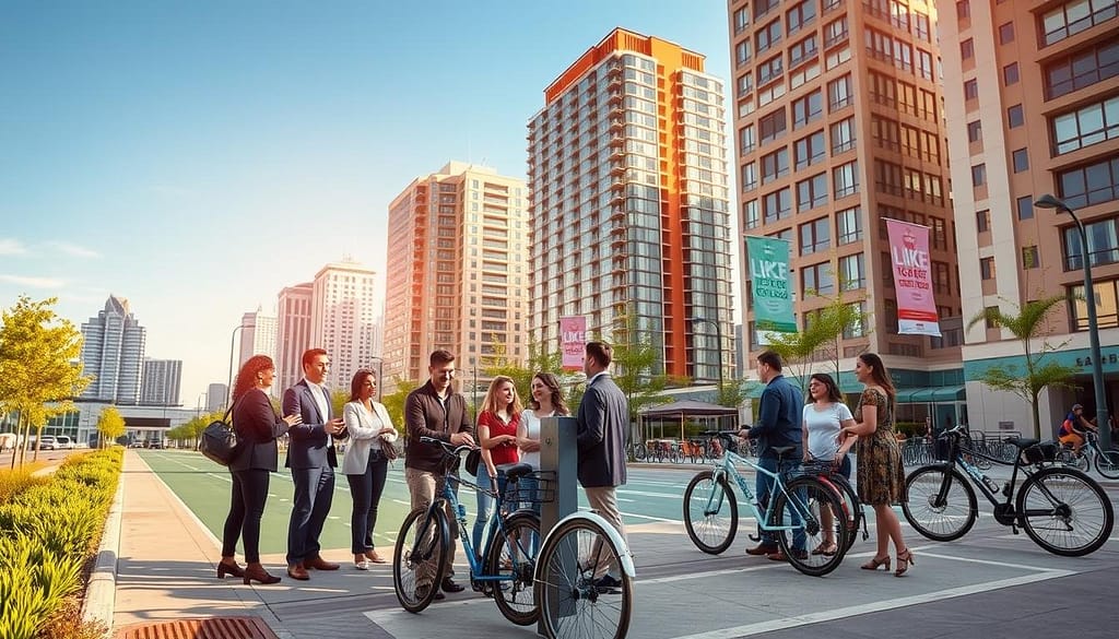 A vibrant city scene showcasing a community mobility partnership focused on bike-to-game initiatives. In the foreground, a diverse group of people in professional business attire and modest casual clothing gather around a community bicycle station, cheerfully discussing plans. In the middle, visually appealing bike lanes are lined with greenery and bike racks, with a few bicycles parked stylishly. On the background, modern city buildings rise against a bright blue sky, with banners promoting cycling events softly fluttering in the breeze. The sunlight casts a warm and inviting glow, enhancing a sense of collaboration and community. Capture the energy and enthusiasm of partnership efforts, highlighting the importance of sustainable transportation in urban life. Use a wide-angle lens to embrace the lively atmosphere while maintaining focus on the details of the bike initiative. A vibrant city scene showcasing a community mobility partnership focused on bike-to-game initiatives. In the foreground, a diverse group of people in professional business attire and modest casual clothing gather around a community bicycle station, cheerfully discussing plans. In the middle, visually appealing bike lanes are lined with greenery and bike racks, with a few bicycles parked stylishly. On the background, modern city buildings rise against a bright blue sky, with banners promoting cycling events softly fluttering in the breeze. The sunlight casts a warm and inviting glow, enhancing a sense of collaboration and community. Capture the energy and enthusiasm of partnership efforts, highlighting the importance of sustainable transportation in urban life. Use a wide-angle lens to embrace the lively atmosphere while maintaining focus on the details of the bike initiative.