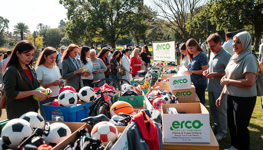 A vibrant community event scene showcasing a sports gear donation kit drive focused on sustainability and circular economy. In the foreground, a diverse group of individuals in professional attire and modest casual clothing happily sorting through an assortment of used sports gear, including soccer balls, bicycles, and athletic apparel. The middle ground features tables filled with neatly organized donation boxes adorned with eco-friendly branding and information about recycling initiatives. The background reveals a sunny park setting with trees and banners promoting the event, creating a lively and inviting atmosphere. Soft, natural lighting illuminates the scene, casting gentle shadows, capturing the spirit of community and cooperation in promoting eco-conscious practices. The angle is slightly elevated, offering a comprehensive view of the engaging activities. A vibrant community event scene showcasing a sports gear donation kit drive focused on sustainability and circular economy. In the foreground, a diverse group of individuals in professional attire and modest casual clothing happily sorting through an assortment of used sports gear, including soccer balls, bicycles, and athletic apparel. The middle ground features tables filled with neatly organized donation boxes adorned with eco-friendly branding and information about recycling initiatives. The background reveals a sunny park setting with trees and banners promoting the event, creating a lively and inviting atmosphere. Soft, natural lighting illuminates the scene, casting gentle shadows, capturing the spirit of community and cooperation in promoting eco-conscious practices. The angle is slightly elevated, offering a comprehensive view of the engaging activities.