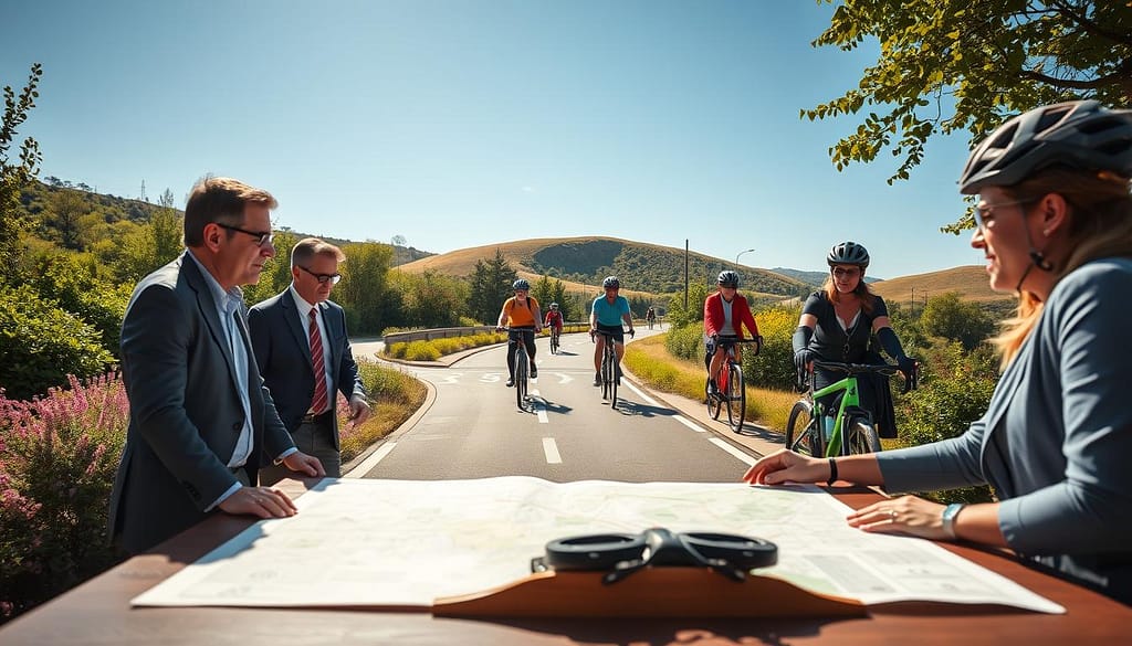A vibrant scene showcasing a bike route planning and safety corridor. In the foreground, a diverse group of professional business individuals, including both men and women dressed in smart casual attire, are gathered around a detailed map on a table, discussing routes. The middle ground features a dedicated bike lane clearly marked with safety signs and bike symbols, surrounded by lush greenery and flowering bushes. Cyclists in helmets and reflective gear can be seen riding on the path with enthusiasm. In the background, gentle hills and a clear blue sky suggest an inviting atmosphere. The sunlight filters through the trees, creating a warm, welcoming glow that emphasizes a safe biking environment. The perspective is slightly elevated, capturing both the group and the surrounding landscape, evoking a sense of community and encouragement for biking. A vibrant scene showcasing a bike route planning and safety corridor. In the foreground, a diverse group of professional business individuals, including both men and women dressed in smart casual attire, are gathered around a detailed map on a table, discussing routes. The middle ground features a dedicated bike lane clearly marked with safety signs and bike symbols, surrounded by lush greenery and flowering bushes. Cyclists in helmets and reflective gear can be seen riding on the path with enthusiasm. In the background, gentle hills and a clear blue sky suggest an inviting atmosphere. The sunlight filters through the trees, creating a warm, welcoming glow that emphasizes a safe biking environment. The perspective is slightly elevated, capturing both the group and the surrounding landscape, evoking a sense of community and encouragement for biking.