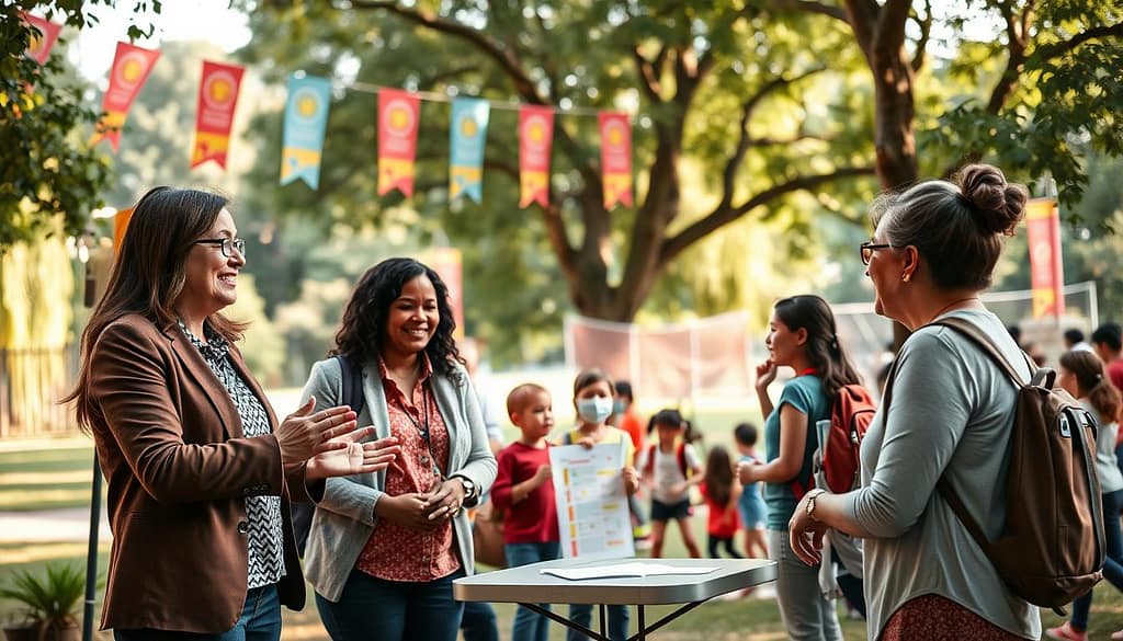 A dynamic scene depicting a diverse group of parents and teachers engaged in a collaborative meeting outdoors, surrounded by trees and vibrant school banners. In the foreground, a parent in smart casual attire is animatedly discussing with a teacher, both smiling and using hand gestures. The middle ground features a small table with educational materials and colorful charts. In the background, children can be seen playing in a sports festival, symbolizing youth empowerment and community spirit. The lighting is warm and inviting, suggesting an early afternoon setting, with soft sunlight filtering through the leaves. The mood is one of enthusiasm and cooperation, highlighting the importance of parent-teacher engagement in supporting students' social-emotional learning. A dynamic scene depicting a diverse group of parents and teachers engaged in a collaborative meeting outdoors, surrounded by trees and vibrant school banners. In the foreground, a parent in smart casual attire is animatedly discussing with a teacher, both smiling and using hand gestures. The middle ground features a small table with educational materials and colorful charts. In the background, children can be seen playing in a sports festival, symbolizing youth empowerment and community spirit. The lighting is warm and inviting, suggesting an early afternoon setting, with soft sunlight filtering through the leaves. The mood is one of enthusiasm and cooperation, highlighting the importance of parent-teacher engagement in supporting students' social-emotional learning.