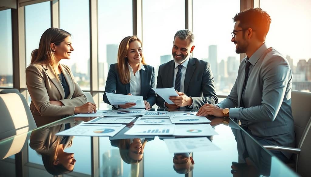 A modern office setting, focused on a diverse group of three professional individuals discussing financial transparency strategies in fundraising. The foreground features a glass conference table with transparent financial documents, charts, and graphs that emphasize openness and clarity. In the middle, the individuals, dressed in professional business attire, are engaged in an animated discussion, with one pointing at the charts while the others listen intently. The background shows large windows letting in natural light, creating a bright and optimistic atmosphere. A city skyline is visible beyond the windows, symbolizing growth and opportunity. The overall mood should convey collaboration, trust, and hope for community impact through charity initiatives. The image should be captured with a slight depth of field, focusing on the group while softly blurring the background. A modern office setting, focused on a diverse group of three professional individuals discussing financial transparency strategies in fundraising. The foreground features a glass conference table with transparent financial documents, charts, and graphs that emphasize openness and clarity. In the middle, the individuals, dressed in professional business attire, are engaged in an animated discussion, with one pointing at the charts while the others listen intently. The background shows large windows letting in natural light, creating a bright and optimistic atmosphere. A city skyline is visible beyond the windows, symbolizing growth and opportunity. The overall mood should convey collaboration, trust, and hope for community impact through charity initiatives. The image should be captured with a slight depth of field, focusing on the group while softly blurring the background.