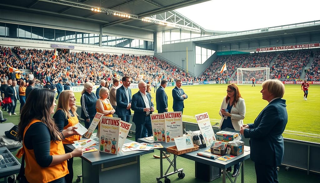A vibrant charity match scene set in a spacious sports stadium, focusing on a lively ticketing booth in the foreground where enthusiastic volunteers are handing out colorful tickets and pamphlets. Surrounding them are banners promoting auctions and micro-donations, elegantly displayed on tables filled with enticing auction items like signed sports memorabilia and gift baskets. In the middle ground, diverse spectators in professional business attire enthusiastically converse and exchange donations, fostering a sense of community and camaraderie. The background features a well-maintained football field under bright, warm lighting, with a crowd of supporters cheering and waving flags. The atmosphere is uplifting and hopeful, capturing the spirit of giving and teamwork inherent in charity matches, photographed from a dynamic angle that conveys engagement and excitement. A vibrant charity match scene set in a spacious sports stadium, focusing on a lively ticketing booth in the foreground where enthusiastic volunteers are handing out colorful tickets and pamphlets. Surrounding them are banners promoting auctions and micro-donations, elegantly displayed on tables filled with enticing auction items like signed sports memorabilia and gift baskets. In the middle ground, diverse spectators in professional business attire enthusiastically converse and exchange donations, fostering a sense of community and camaraderie. The background features a well-maintained football field under bright, warm lighting, with a crowd of supporters cheering and waving flags. The atmosphere is uplifting and hopeful, capturing the spirit of giving and teamwork inherent in charity matches, photographed from a dynamic angle that conveys engagement and excitement.