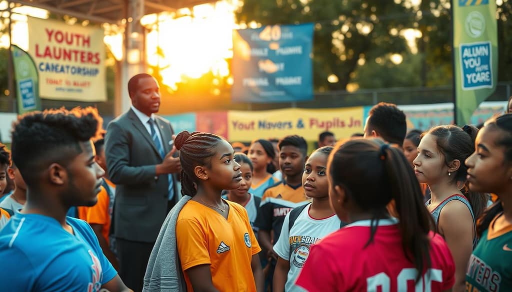 A vibrant sports festival scene focusing on youth leadership mentorship. In the foreground, a diverse group of engaged young athletes, both male and female, are attentively listening to a mentor—a confident adult in professional attire—who gestures with passion. The middle ground features alumni speakers sharing their inspiring stories, with a mix of emotions displayed among the audience. The background showcases colorful banners and sports equipment, symbolizing various activities, while the sun sets gently, casting a warm, golden light over the scene. Capture the atmosphere of encouragement and empowerment, with an angle that conveys depth and connection among the participants, inviting the viewer into this community of support and inspiration. A vibrant sports festival scene focusing on youth leadership mentorship. In the foreground, a diverse group of engaged young athletes, both male and female, are attentively listening to a mentor—a confident adult in professional attire—who gestures with passion. The middle ground features alumni speakers sharing their inspiring stories, with a mix of emotions displayed among the audience. The background showcases colorful banners and sports equipment, symbolizing various activities, while the sun sets gently, casting a warm, golden light over the scene. Capture the atmosphere of encouragement and empowerment, with an angle that conveys depth and connection among the participants, inviting the viewer into this community of support and inspiration.