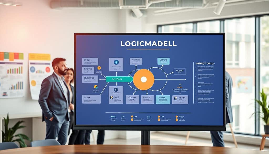 A detailed illustration of a logic model and impact metrics set against a bright, modern office background. In the foreground, an engaging infographic on a large screen displaying interconnected components of a logic model—inputs, activities, outputs, outcomes, and impact metrics, depicted with colorful icons and arrows. The middle ground features a diverse group of professionals in business attire, attentively discussing and analyzing the model, their expressions reflecting focus and collaboration. The background reveals a well-lit workspace with charts and sustainable development goals (SDGs) posters on the walls, creating an atmosphere of productivity and inspiration. Soft, natural lighting from large windows enhances the professional mood, while a slight depth of field draws attention to the infographic and the engaged team. A detailed illustration of a logic model and impact metrics set against a bright, modern office background. In the foreground, an engaging infographic on a large screen displaying interconnected components of a logic model—inputs, activities, outputs, outcomes, and impact metrics, depicted with colorful icons and arrows. The middle ground features a diverse group of professionals in business attire, attentively discussing and analyzing the model, their expressions reflecting focus and collaboration. The background reveals a well-lit workspace with charts and sustainable development goals (SDGs) posters on the walls, creating an atmosphere of productivity and inspiration. Soft, natural lighting from large windows enhances the professional mood, while a slight depth of field draws attention to the infographic and the engaged team.