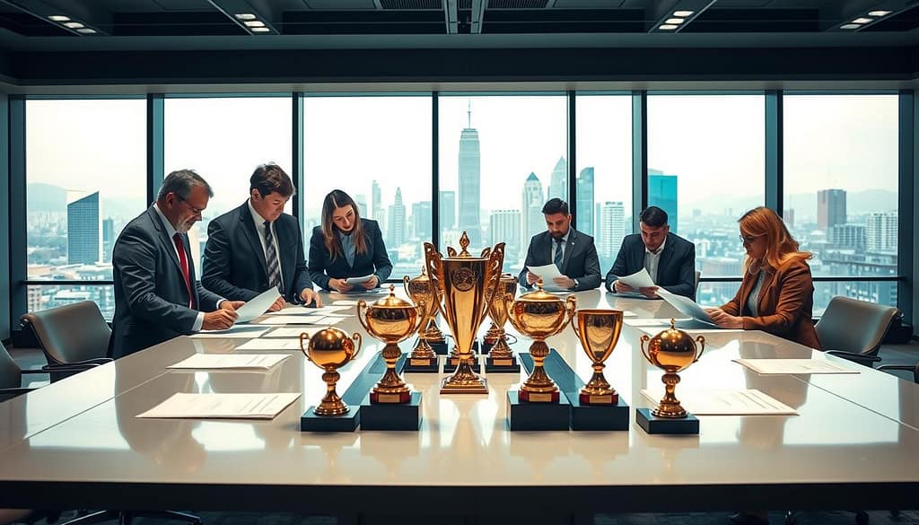 A dynamic scene depicting the sports development awards recognition process for the "Nomination and Jury Process." In the foreground, a diverse group of five professionals, including men and women of various ethnicities, dressed in professional business attire, are engaged in discussions while reviewing nomination forms and criteria on a sleek conference table. In the middle ground, a jury panel is intently analyzing submissions, surrounded by awards and trophies that shine under bright, focused lighting. In the background, large windows reveal a vibrant cityscape, symbolizing the global impact of sports development. The atmosphere is one of excitement and anticipation, reflecting a serious yet celebratory mood, with soft, warm lighting that creates an inviting environment. The angle captures the action from a slightly elevated viewpoint, providing a comprehensive view of the engagement. A dynamic scene depicting the sports development awards recognition process for the "Nomination and Jury Process." In the foreground, a diverse group of five professionals, including men and women of various ethnicities, dressed in professional business attire, are engaged in discussions while reviewing nomination forms and criteria on a sleek conference table. In the middle ground, a jury panel is intently analyzing submissions, surrounded by awards and trophies that shine under bright, focused lighting. In the background, large windows reveal a vibrant cityscape, symbolizing the global impact of sports development. The atmosphere is one of excitement and anticipation, reflecting a serious yet celebratory mood, with soft, warm lighting that creates an inviting environment. The angle captures the action from a slightly elevated viewpoint, providing a comprehensive view of the engagement.