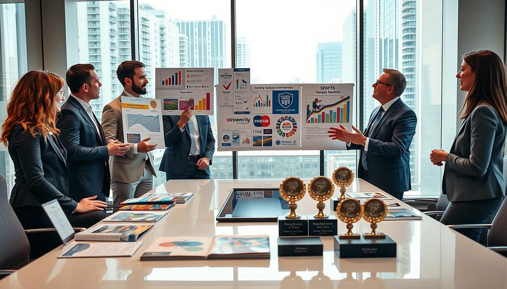 A professional business setting depicting a strategic sports development sponsorship scene. In the foreground, a diverse group of four individuals in business attire engages in a lively discussion, gesturing towards a presentation showcasing various sponsorship packages, colorful graphs, and images of community sports events. In the middle ground, a sleek, modern conference table filled with promotional materials, brochures, and awards representing excellence in sports development. The background shows a large window with natural light streaming in, illuminating the room and giving a sense of an active urban environment outside. The atmosphere is dynamic yet professional, highlighting collaboration, inspiration, and support for sports initiatives. Use warm lighting with a focus on the subjects, creating an inviting and optimistic mood. A professional business setting depicting a strategic sports development sponsorship scene. In the foreground, a diverse group of four individuals in business attire engages in a lively discussion, gesturing towards a presentation showcasing various sponsorship packages, colorful graphs, and images of community sports events. In the middle ground, a sleek, modern conference table filled with promotional materials, brochures, and awards representing excellence in sports development. The background shows a large window with natural light streaming in, illuminating the room and giving a sense of an active urban environment outside. The atmosphere is dynamic yet professional, highlighting collaboration, inspiration, and support for sports initiatives. Use warm lighting with a focus on the subjects, creating an inviting and optimistic mood.