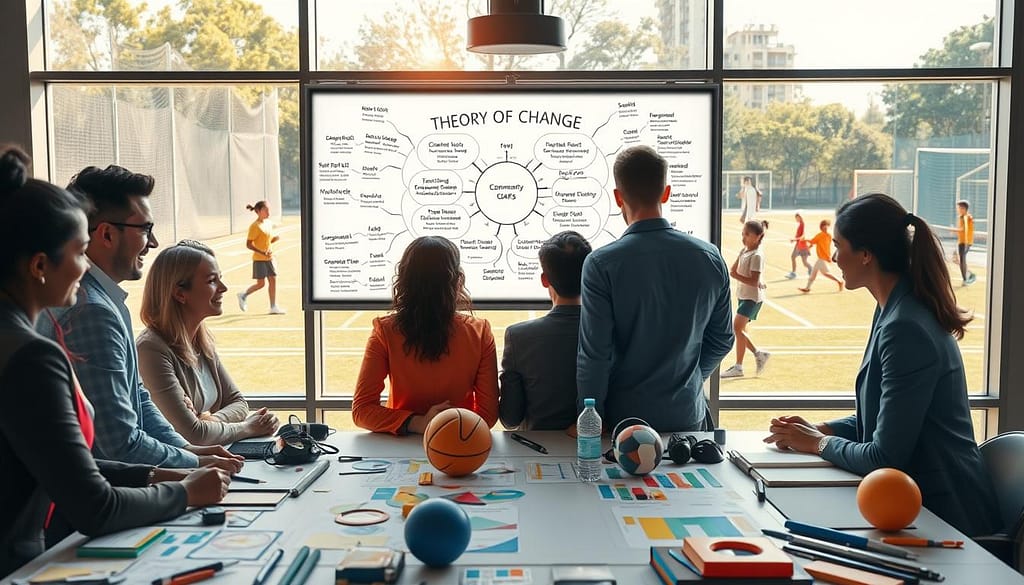 A vibrant scene illustrating the concept of "Theory of Change for Sports Campaigns." In the foreground, a diverse group of professionals in business attire gathers around a large table filled with colorful charts, diagrams, and sports equipment, suggesting active collaboration. The middle ground showcases a whiteboard filled with interconnected ideas about community impact, team dynamics, and sustainable goals, illuminated by natural light streaming through large windows. In the background, an outdoor sports field is visible, with people of various ages engaged in different sports, embodying the spirit of inclusivity and teamwork. The atmosphere is focused and optimistic, with a warm color palette that conveys hope and progress. The image is captured from a slightly elevated angle, giving a comprehensive view of this strategic planning environment. A vibrant scene illustrating the concept of "Theory of Change for Sports Campaigns." In the foreground, a diverse group of professionals in business attire gathers around a large table filled with colorful charts, diagrams, and sports equipment, suggesting active collaboration. The middle ground showcases a whiteboard filled with interconnected ideas about community impact, team dynamics, and sustainable goals, illuminated by natural light streaming through large windows. In the background, an outdoor sports field is visible, with people of various ages engaged in different sports, embodying the spirit of inclusivity and teamwork. The atmosphere is focused and optimistic, with a warm color palette that conveys hope and progress. The image is captured from a slightly elevated angle, giving a comprehensive view of this strategic planning environment.