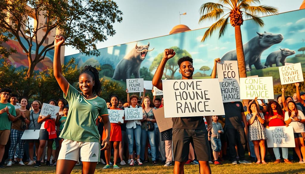 A diverse group of athlete activists stands united in a vibrant urban park, passionately holding eco-friendly banners and signs advocating for environmental change. In the foreground, a Black female soccer player in a professional jersey and a Latino male basketball player in smart casual attire lift their fists, symbolizing strength and solidarity. The middle ground features a diverse crowd of supporters, engaged and enthusiastic, showcasing a mix of ages and backgrounds. In the background, murals depict nature and wildlife, emphasizing the connection between sports and the planet. The scene is bathed in warm golden hour light, creating a hopeful ambiance. The angle captures the energy of the moment from a low perspective, making the athletes appear larger-than-life against the backdrop, conveying a sense of movement and urgency in their mission. A diverse group of athlete activists stands united in a vibrant urban park, passionately holding eco-friendly banners and signs advocating for environmental change. In the foreground, a Black female soccer player in a professional jersey and a Latino male basketball player in smart casual attire lift their fists, symbolizing strength and solidarity. The middle ground features a diverse crowd of supporters, engaged and enthusiastic, showcasing a mix of ages and backgrounds. In the background, murals depict nature and wildlife, emphasizing the connection between sports and the planet. The scene is bathed in warm golden hour light, creating a hopeful ambiance. The angle captures the energy of the moment from a low perspective, making the athletes appear larger-than-life against the backdrop, conveying a sense of movement and urgency in their mission.