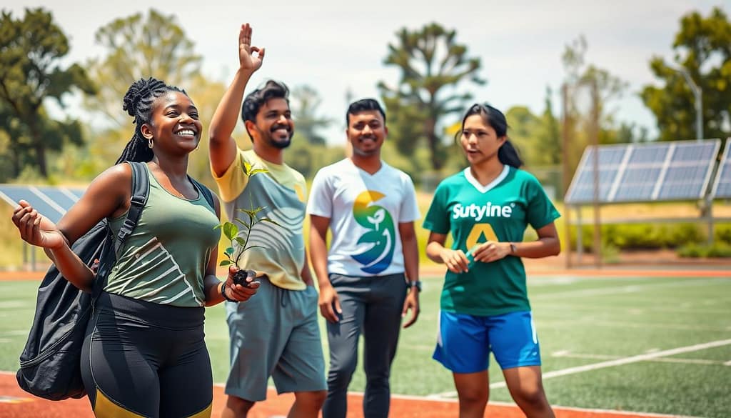 A group of diverse athlete eco-leaders, featuring three prominent figures, stands united on a vibrant athletic field. In the foreground, a Black woman in a sporty yet professional outfit, holding a plant sapling, exudes passion and determination. Beside her, a Hispanic man, dressed in eco-friendly athletic wear, gestures towards the sky, symbolizing hope for the planet. In the middle ground, a tall Asian woman, wearing a fitted sustainability-themed jersey, engages with local children, teaching them about environmental responsibility. The background reveals a lush landscape, with trees and solar panels under bright, warm sunlight, creating an inspiring and uplifting atmosphere. Capture this scene from a slightly low angle to emphasize their leadership stature, with soft, natural lighting to create a harmonious and inviting mood. A group of diverse athlete eco-leaders, featuring three prominent figures, stands united on a vibrant athletic field. In the foreground, a Black woman in a sporty yet professional outfit, holding a plant sapling, exudes passion and determination. Beside her, a Hispanic man, dressed in eco-friendly athletic wear, gestures towards the sky, symbolizing hope for the planet. In the middle ground, a tall Asian woman, wearing a fitted sustainability-themed jersey, engages with local children, teaching them about environmental responsibility. The background reveals a lush landscape, with trees and solar panels under bright, warm sunlight, creating an inspiring and uplifting atmosphere. Capture this scene from a slightly low angle to emphasize their leadership stature, with soft, natural lighting to create a harmonious and inviting mood.