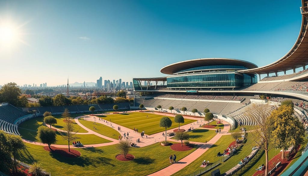 A panoramic view of a repurposed stadium showcasing the adaptive reuse of sports facilities. In the foreground, vibrant greenery and elegantly designed park spaces replace the original seating areas, with families enjoying picnics and people exercising. The middle ground features the stadium structure, now partially transformed into a community center, with glass walls and outdoor terraces, filled with visitors. In the background, the skyline of a bustling city can be seen under a bright blue sky, illuminated by warm sunlight casting soft shadows. Capture the sense of innovation and community engagement, emphasizing the positive transformation and sustainability. Use a wide-angle lens to convey depth, and enhance colors for a lively atmosphere. No signage or text present. A panoramic view of a repurposed stadium showcasing the adaptive reuse of sports facilities. In the foreground, vibrant greenery and elegantly designed park spaces replace the original seating areas, with families enjoying picnics and people exercising. The middle ground features the stadium structure, now partially transformed into a community center, with glass walls and outdoor terraces, filled with visitors. In the background, the skyline of a bustling city can be seen under a bright blue sky, illuminated by warm sunlight casting soft shadows. Capture the sense of innovation and community engagement, emphasizing the positive transformation and sustainability. Use a wide-angle lens to convey depth, and enhance colors for a lively atmosphere. No signage or text present.