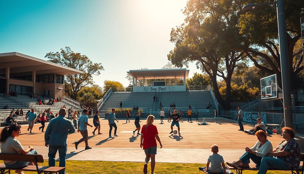 A sunlit repurposed sports venue transformed into a vibrant community space, filled with families and friends engaging in various activities. In the foreground, diverse individuals in professional and casual attire are playing and enjoying outdoor games such as basketball and soccer, while others relax on benches and picnic blankets. The middle ground features a renovated grandstand, now serving as an outdoor stage for local events, surrounded by greenery and community art. The background reveals the original sports field illuminated by soft, golden sunlight, with trees providing shade. The atmosphere is lively and welcoming, showcasing a blend of revitalized architecture and community spirit, captured from a dynamic angle that emphasizes interaction and engagement. A sunlit repurposed sports venue transformed into a vibrant community space, filled with families and friends engaging in various activities. In the foreground, diverse individuals in professional and casual attire are playing and enjoying outdoor games such as basketball and soccer, while others relax on benches and picnic blankets. The middle ground features a renovated grandstand, now serving as an outdoor stage for local events, surrounded by greenery and community art. The background reveals the original sports field illuminated by soft, golden sunlight, with trees providing shade. The atmosphere is lively and welcoming, showcasing a blend of revitalized architecture and community spirit, captured from a dynamic angle that emphasizes interaction and engagement.