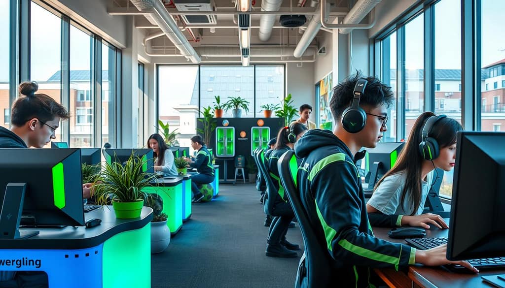 A vibrant, futuristic gaming lounge showcasing the theme of e-sports sustainability. In the foreground, a diverse group of gamers, dressed in professional attire, are engaged in competitive gaming on sleek, energy-efficient computers with green accents. The middle ground features eco-friendly decorations, like potted plants and recycling stations, illustrating a commitment to sustainability. The background reveals large windows with natural sunlight streaming in, illuminating the space and revealing solar panels on the rooftop. The atmosphere is energetic yet environmentally conscious, with soft lighting that creates an inviting, modern feel. Camera angle is slightly tilted from above, capturing the gamers and their equipment, emphasizing the integration of technology and eco-friendly practices in the e-sports world. A vibrant, futuristic gaming lounge showcasing the theme of e-sports sustainability. In the foreground, a diverse group of gamers, dressed in professional attire, are engaged in competitive gaming on sleek, energy-efficient computers with green accents. The middle ground features eco-friendly decorations, like potted plants and recycling stations, illustrating a commitment to sustainability. The background reveals large windows with natural sunlight streaming in, illuminating the space and revealing solar panels on the rooftop. The atmosphere is energetic yet environmentally conscious, with soft lighting that creates an inviting, modern feel. Camera angle is slightly tilted from above, capturing the gamers and their equipment, emphasizing the integration of technology and eco-friendly practices in the e-sports world.