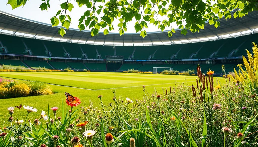 A vibrant green stadium landscape filled with lush grass and diverse plant life, showcasing a blend of native flora and sustainable landscaping techniques. In the foreground, neatly arranged flower beds with colorful wildflowers attract butterflies and bees. The middle ground features well-maintained playing fields surrounded by trees and shrubs, offering shade and habitat for local wildlife. In the background, the curved architecture of a modern stadium, designed with eco-friendly materials, harmonizes with the natural environment. Bright sunlight filters through the leaves, casting dappled shadows on the ground, creating a serene and inviting atmosphere. The scene captures the essence of biodiversity in a sports setting, emphasizing the integration of ecology and athleticism. A vibrant green stadium landscape filled with lush grass and diverse plant life, showcasing a blend of native flora and sustainable landscaping techniques. In the foreground, neatly arranged flower beds with colorful wildflowers attract butterflies and bees. The middle ground features well-maintained playing fields surrounded by trees and shrubs, offering shade and habitat for local wildlife. In the background, the curved architecture of a modern stadium, designed with eco-friendly materials, harmonizes with the natural environment. Bright sunlight filters through the leaves, casting dappled shadows on the ground, creating a serene and inviting atmosphere. The scene captures the essence of biodiversity in a sports setting, emphasizing the integration of ecology and athleticism.