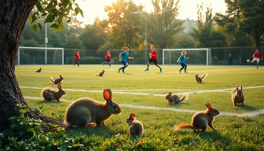 A vibrant scene depicting urban wildlife thriving in a sports ground, showcasing a variety of species such as rabbits, squirrels, and colorful birds interacting playfully on the grassy field. In the foreground, a rabbit munches on clover near the edge of a well-maintained soccer field, while a family of squirrels chases each other up a nearby tree. The middle ground features athletes practicing their skills, dressed in modest sports attire, blending harmoniously with the wildlife in a lively, dynamic setting. In the background, lush greenery and flowering plants frame the scene, under a warm golden-hour sunlight that casts soft shadows, creating a serene and inviting atmosphere. The image captures the essence of biodiversity and the surprising connection between nature and urban sports environments, inviting viewers to reflect on the importance of wildlife habitats in urban settings. A vibrant scene depicting urban wildlife thriving in a sports ground, showcasing a variety of species such as rabbits, squirrels, and colorful birds interacting playfully on the grassy field. In the foreground, a rabbit munches on clover near the edge of a well-maintained soccer field, while a family of squirrels chases each other up a nearby tree. The middle ground features athletes practicing their skills, dressed in modest sports attire, blending harmoniously with the wildlife in a lively, dynamic setting. In the background, lush greenery and flowering plants frame the scene, under a warm golden-hour sunlight that casts soft shadows, creating a serene and inviting atmosphere. The image captures the essence of biodiversity and the surprising connection between nature and urban sports environments, inviting viewers to reflect on the importance of wildlife habitats in urban settings.