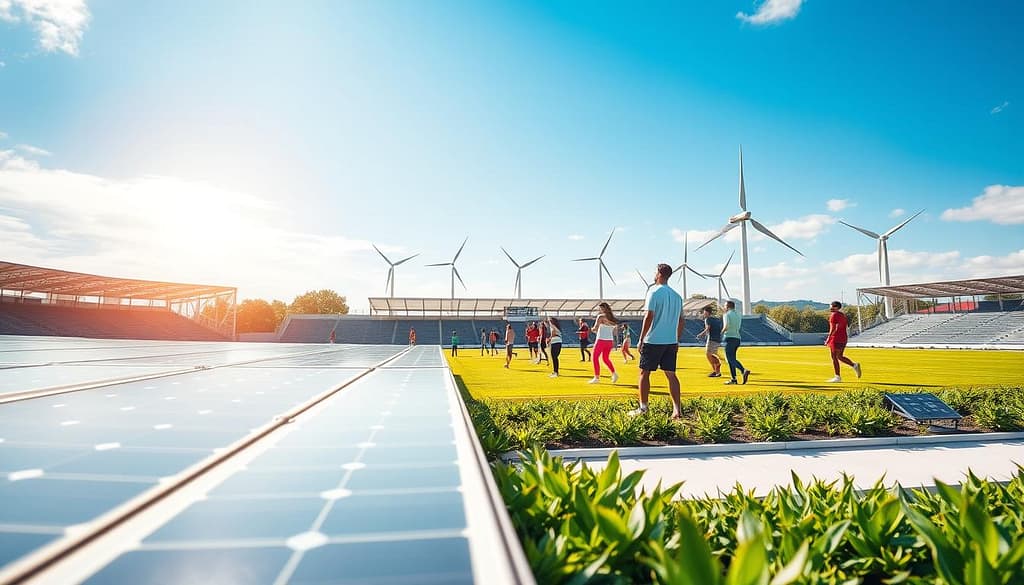 A vibrant scene showcasing a modern sports facility powered by renewable energy. In the foreground, solar panels glisten on the stadium roof, surrounded by lush green landscaping with native plants. In the middle ground, diverse athletes in professional sports attire engage in training under the bright sun, embodying teamwork and sustainability. The background features wind turbines gently rotating, symbolizing clean energy. The sky is a clear blue with soft clouds, casting dynamic shadows across the scene. The atmosphere is optimistic and energetic, highlighting innovation and commitment to green goals in sports. Soft, natural lighting enhances the positivity of the environment, and the angle captures a panoramic view of this eco-friendly arena during daytime. A vibrant scene showcasing a modern sports facility powered by renewable energy. In the foreground, solar panels glisten on the stadium roof, surrounded by lush green landscaping with native plants. In the middle ground, diverse athletes in professional sports attire engage in training under the bright sun, embodying teamwork and sustainability. The background features wind turbines gently rotating, symbolizing clean energy. The sky is a clear blue with soft clouds, casting dynamic shadows across the scene. The atmosphere is optimistic and energetic, highlighting innovation and commitment to green goals in sports. Soft, natural lighting enhances the positivity of the environment, and the angle captures a panoramic view of this eco-friendly arena during daytime.