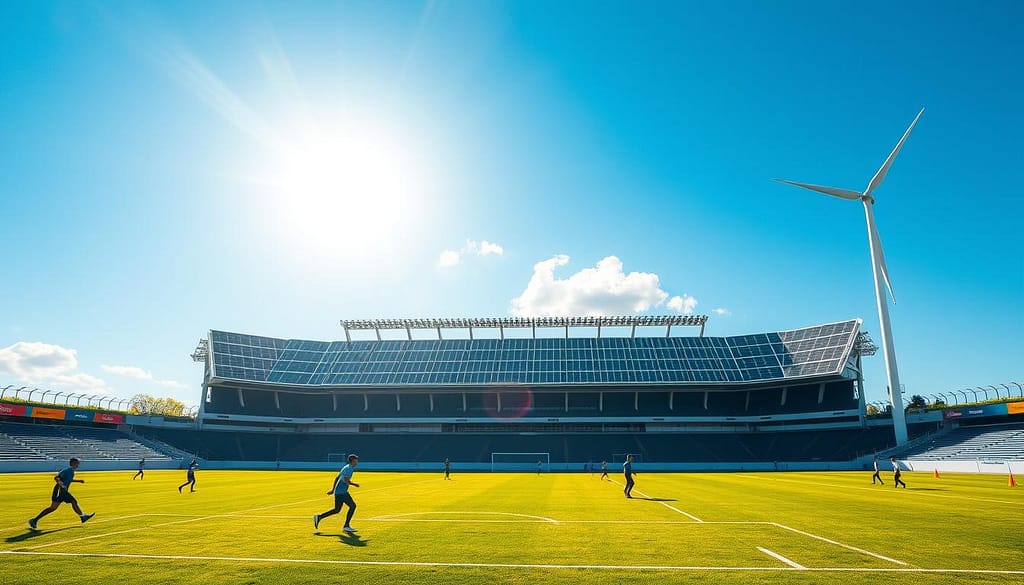 A vibrant sports stadium bathed in sunlight, showcasing innovative solar panels integrated into the structure. In the foreground, athletes in professional sports attire practice their skills on an eco-friendly field, demonstrating active energy use. The middle ground features large wind turbines gracefully turning in the breeze, strategically placed to harness wind energy alongside the stadium. The background displays a clear blue sky, dotted with a few fluffy clouds, enhancing the serene and sustainable atmosphere. The image captures the interplay of natural light creating dynamic shadows across the stadium and field. The overall mood is one of harmony and progress, illustrating the perfect blend of sports and renewable energy in a modern setting. A vibrant sports stadium bathed in sunlight, showcasing innovative solar panels integrated into the structure. In the foreground, athletes in professional sports attire practice their skills on an eco-friendly field, demonstrating active energy use. The middle ground features large wind turbines gracefully turning in the breeze, strategically placed to harness wind energy alongside the stadium. The background displays a clear blue sky, dotted with a few fluffy clouds, enhancing the serene and sustainable atmosphere. The image captures the interplay of natural light creating dynamic shadows across the stadium and field. The overall mood is one of harmony and progress, illustrating the perfect blend of sports and renewable energy in a modern setting.