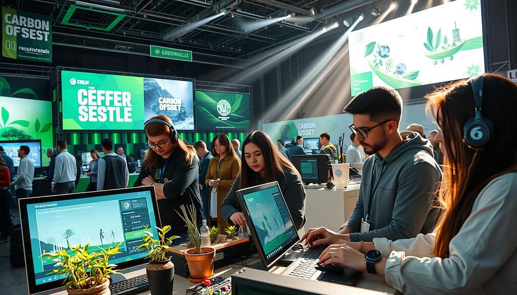 An engaging scene showcasing digital eco initiatives in e-sports, focusing on a green gaming event. In the foreground, a diverse group of professional gamers in stylish, modest casual attire is collaborating on eco-friendly gaming setups, featuring solar-powered equipment and recycled materials. They analyze performance data displayed on eco-conscious screens. The middle ground highlights interactive booths promoting sustainability, adorned with plants and digital art that illustrates carbon offset projects. The background features a vibrant e-sports arena, illuminated with green LED lights, banners advocating for sustainability, and a large digital screen showcasing successful eco-initiatives. The atmosphere is energetic yet focused, with a sense of camaraderie and commitment to environmental responsibility. Natural lighting enhances the fresh, optimistic mood, as rays of sunlight filter through the venue. An engaging scene showcasing digital eco initiatives in e-sports, focusing on a green gaming event. In the foreground, a diverse group of professional gamers in stylish, modest casual attire is collaborating on eco-friendly gaming setups, featuring solar-powered equipment and recycled materials. They analyze performance data displayed on eco-conscious screens. The middle ground highlights interactive booths promoting sustainability, adorned with plants and digital art that illustrates carbon offset projects. The background features a vibrant e-sports arena, illuminated with green LED lights, banners advocating for sustainability, and a large digital screen showcasing successful eco-initiatives. The atmosphere is energetic yet focused, with a sense of camaraderie and commitment to environmental responsibility. Natural lighting enhances the fresh, optimistic mood, as rays of sunlight filter through the venue.